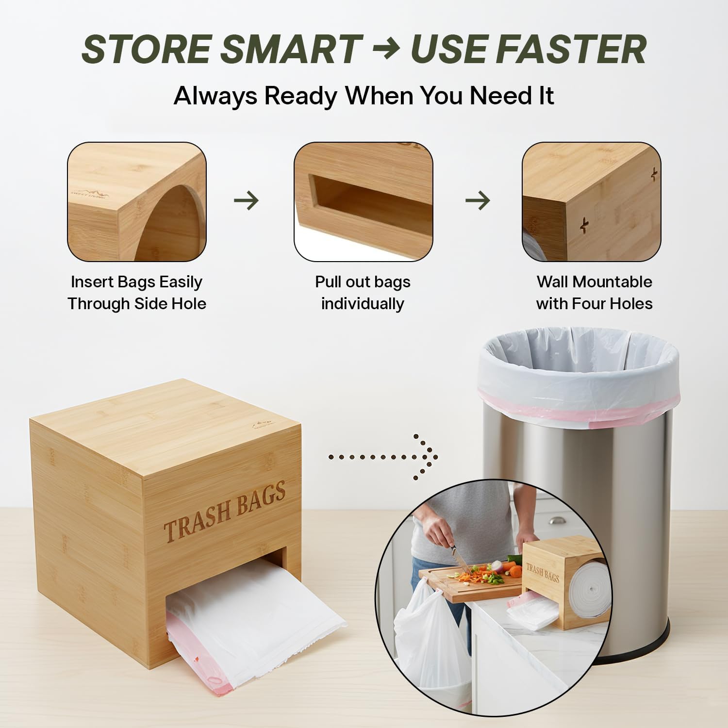 Trash bag holder dispenser | Bamboo garbage bag holder dispenser for Under Sink Storage | Wall Mount trash bag holder | Portable Hanging Organizer for Kitchen & Utility Use