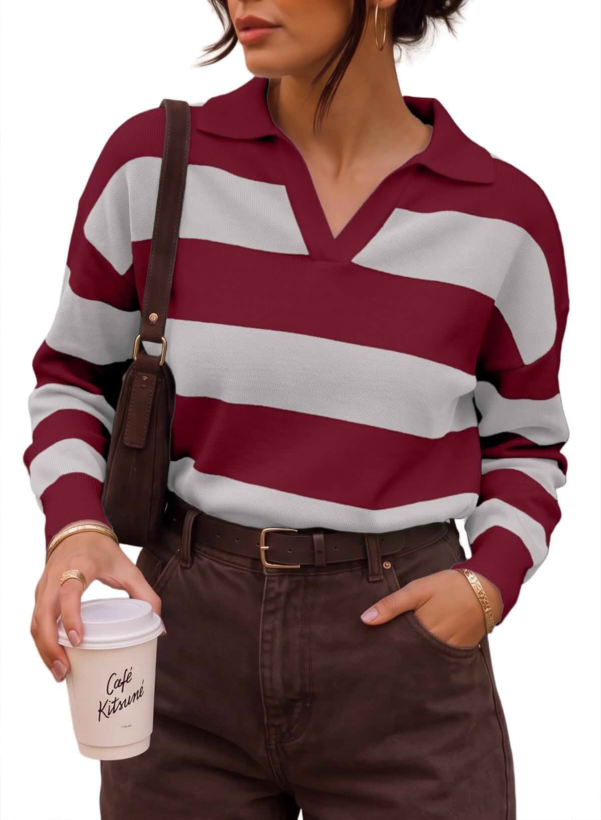 SHEWIN Striped Polo Sweaters for Women Oversized Knit Pullover Rugby,Preppy,Color Block,Drop Shoulder,Teacher Outfit,Black to School Clothes,Casual,2026 Fall Fashion,Loose,Trendy Clothes
