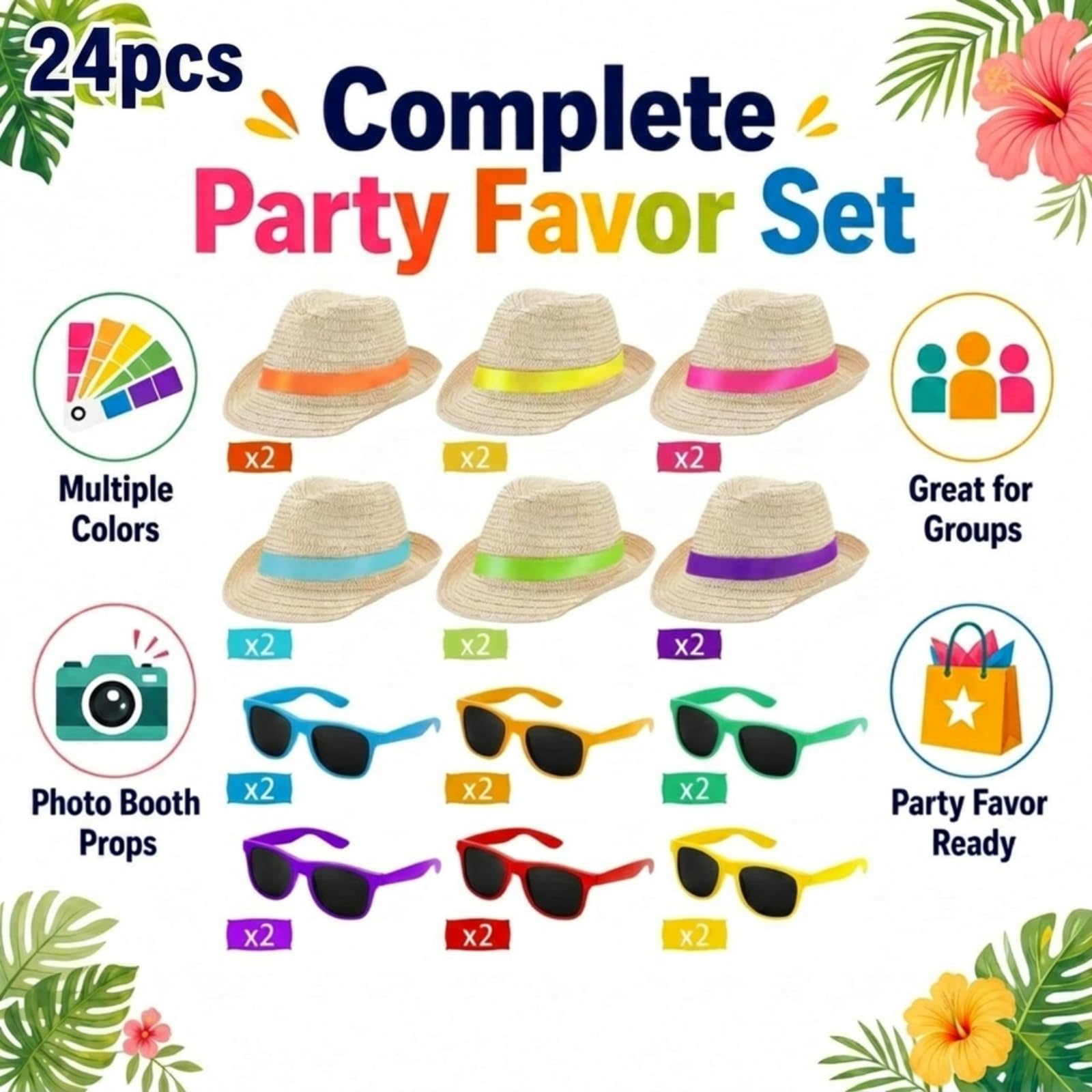 Newcotte Strohhüte mit Sonnenbrille, Fedora-Partyhüte für hawaiianische Luau-Zubehör, kubanische Sommergeschenke, Rot, Orange, Gelb, Grün, Blau, Violett, One Size