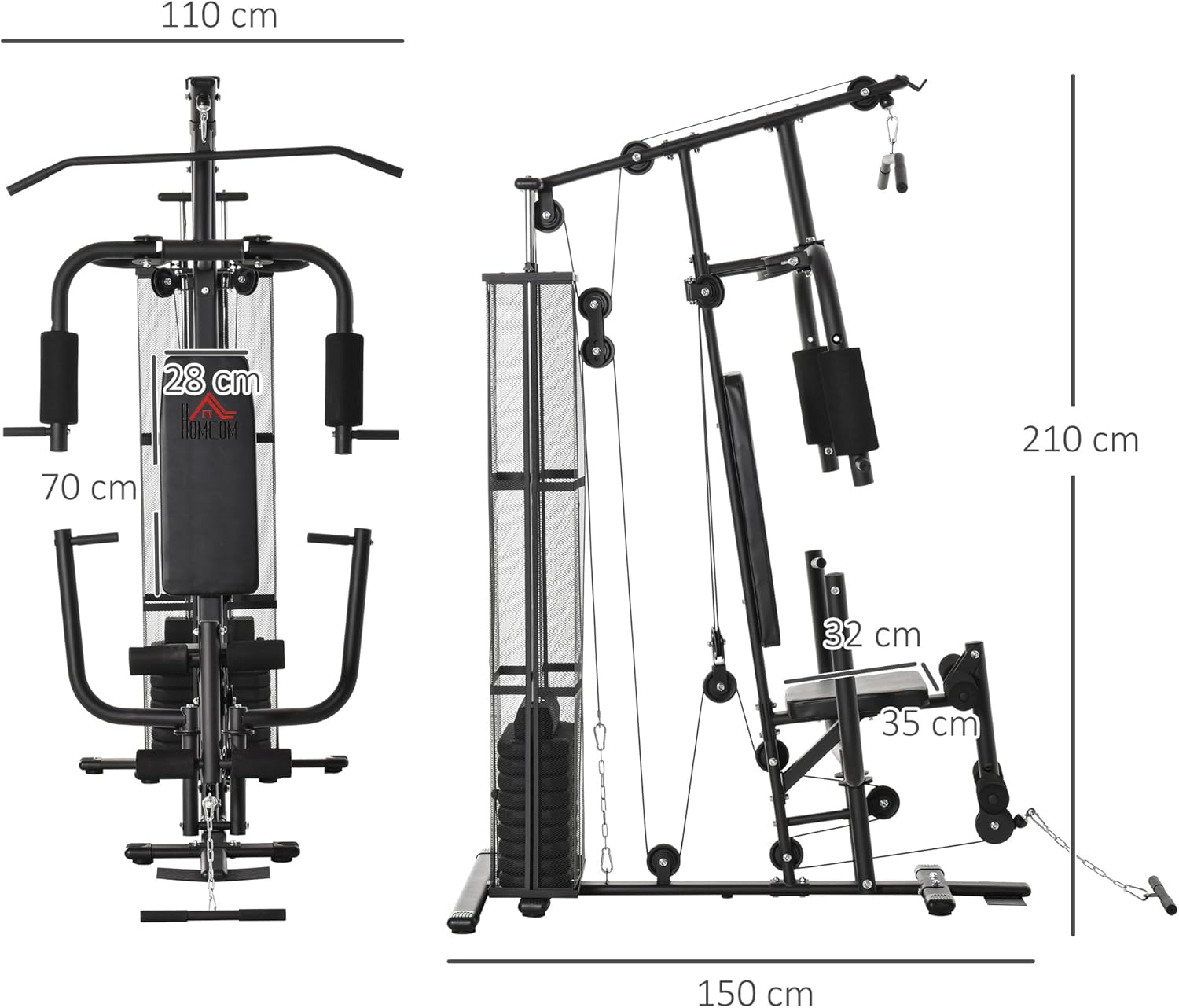 Diagram showing dimensions of the HOMCOM Multi Gym