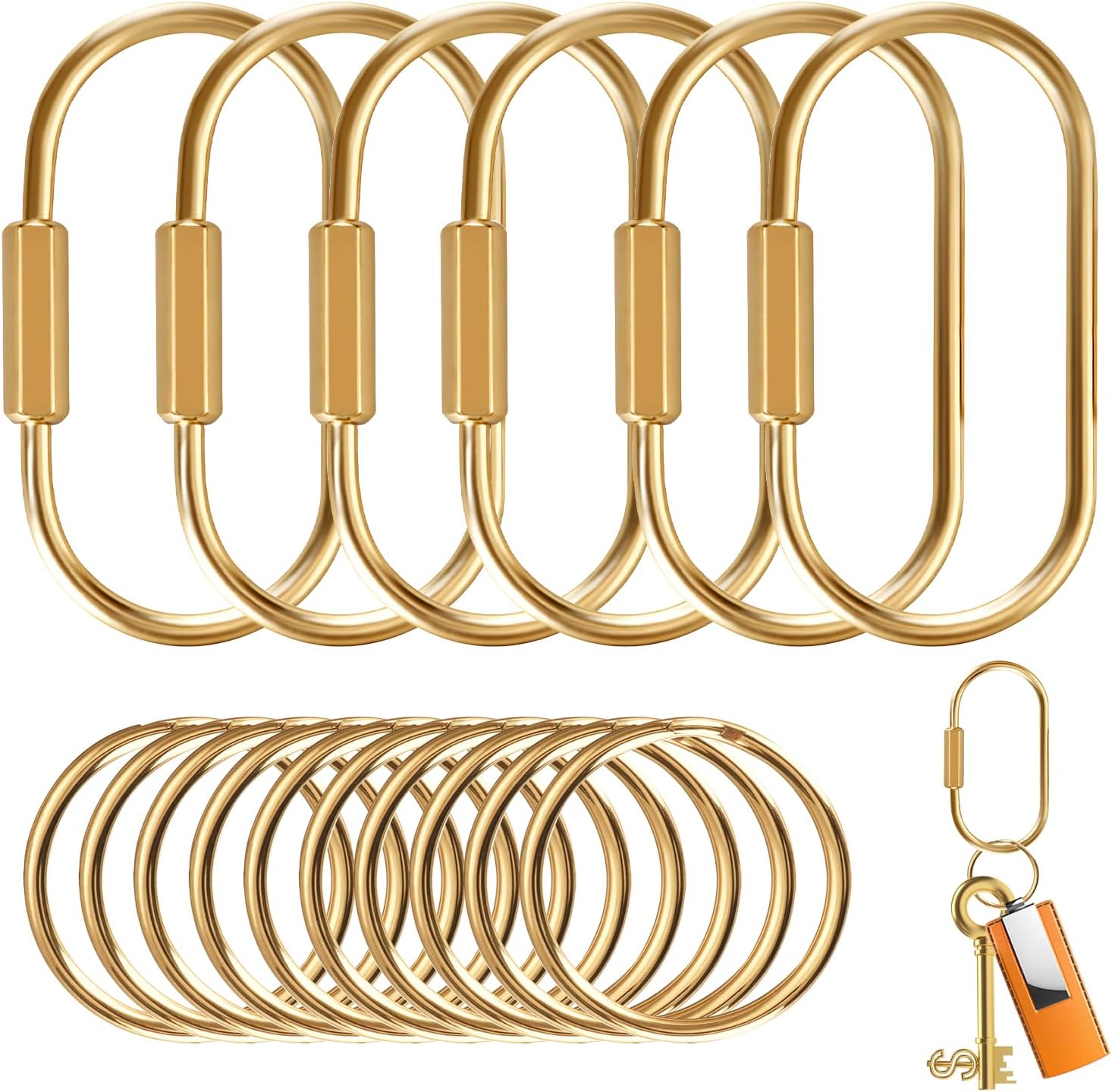 16 Pack Brass Key Rings Bulk Gold, Secure Screw Locking Key Chain Organizer, Small Carabiner Clip for Men Women Purse Bag Charms Handbags Dog Leash Pet Tags