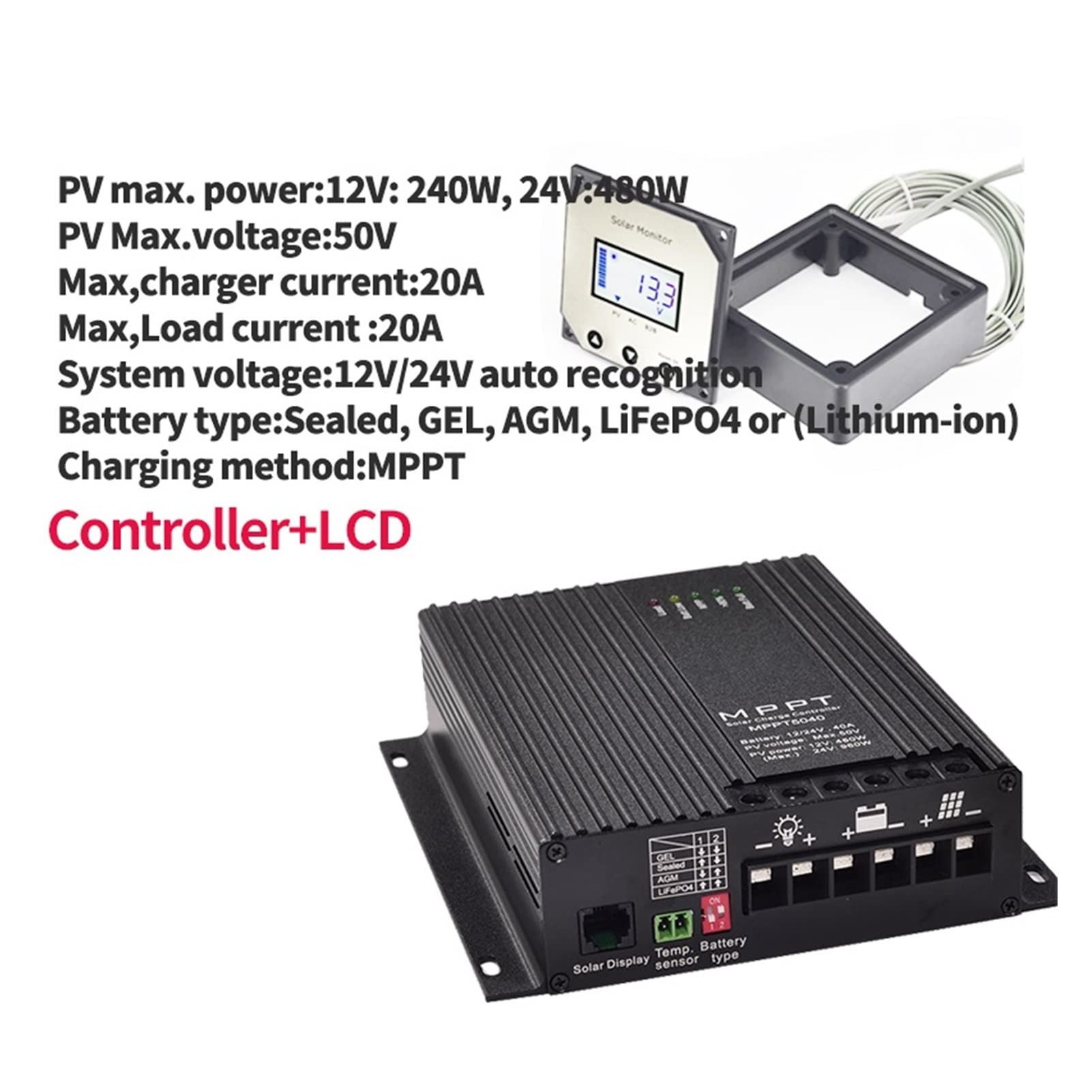 Regolatore di carica solare, Regolatore Di Carica Solare MPPT | 12V/24V 20A Supporto LCD Bluetooth intelligente(MPPT5020(20A))