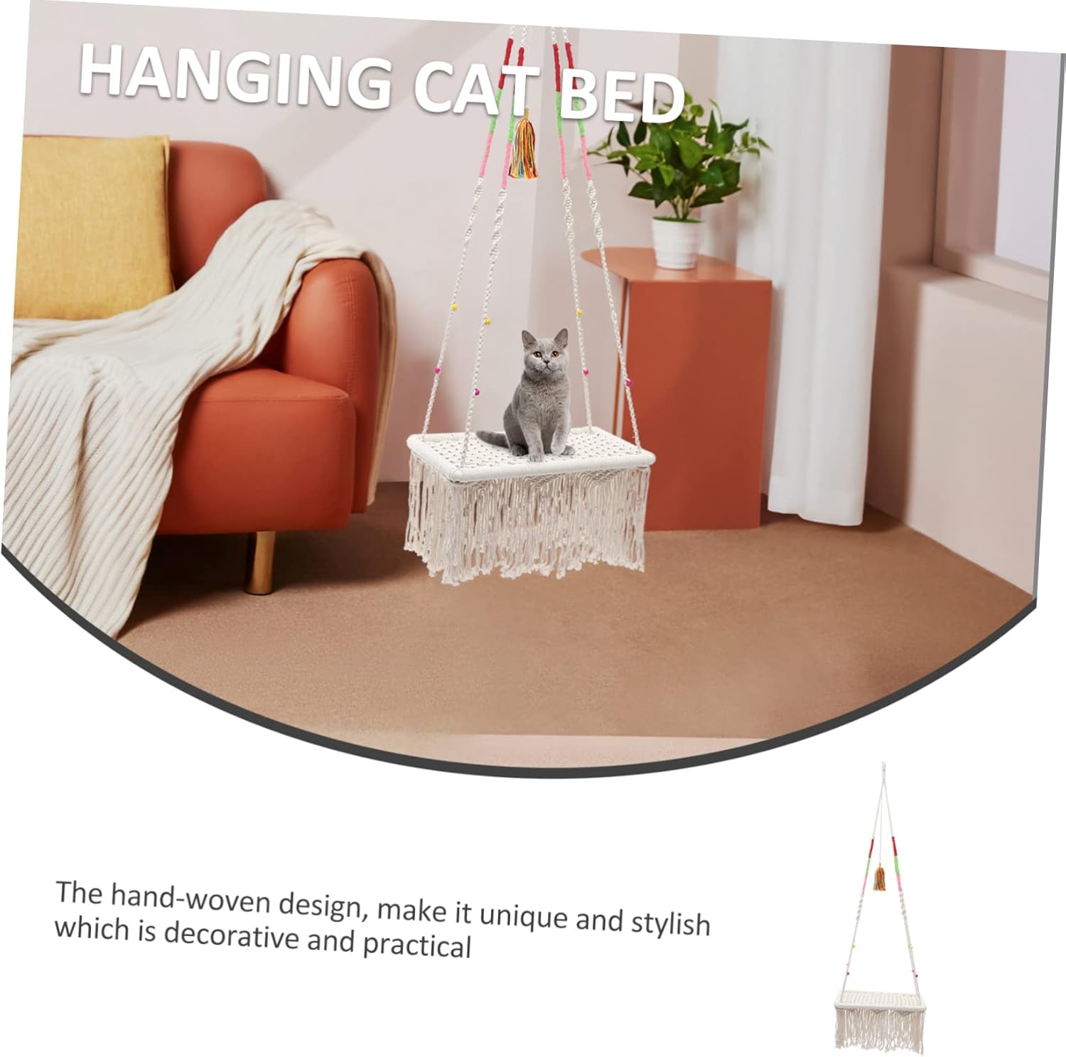 GALPADA Bohemia Style Hanging Cat Bed Hand Woven Macrame Hammock for Small Pets Wear Resistant Breathable Nest with Swing Design Stylish Indoor Decor for Cats Kittens Hamsters and Rabbits
