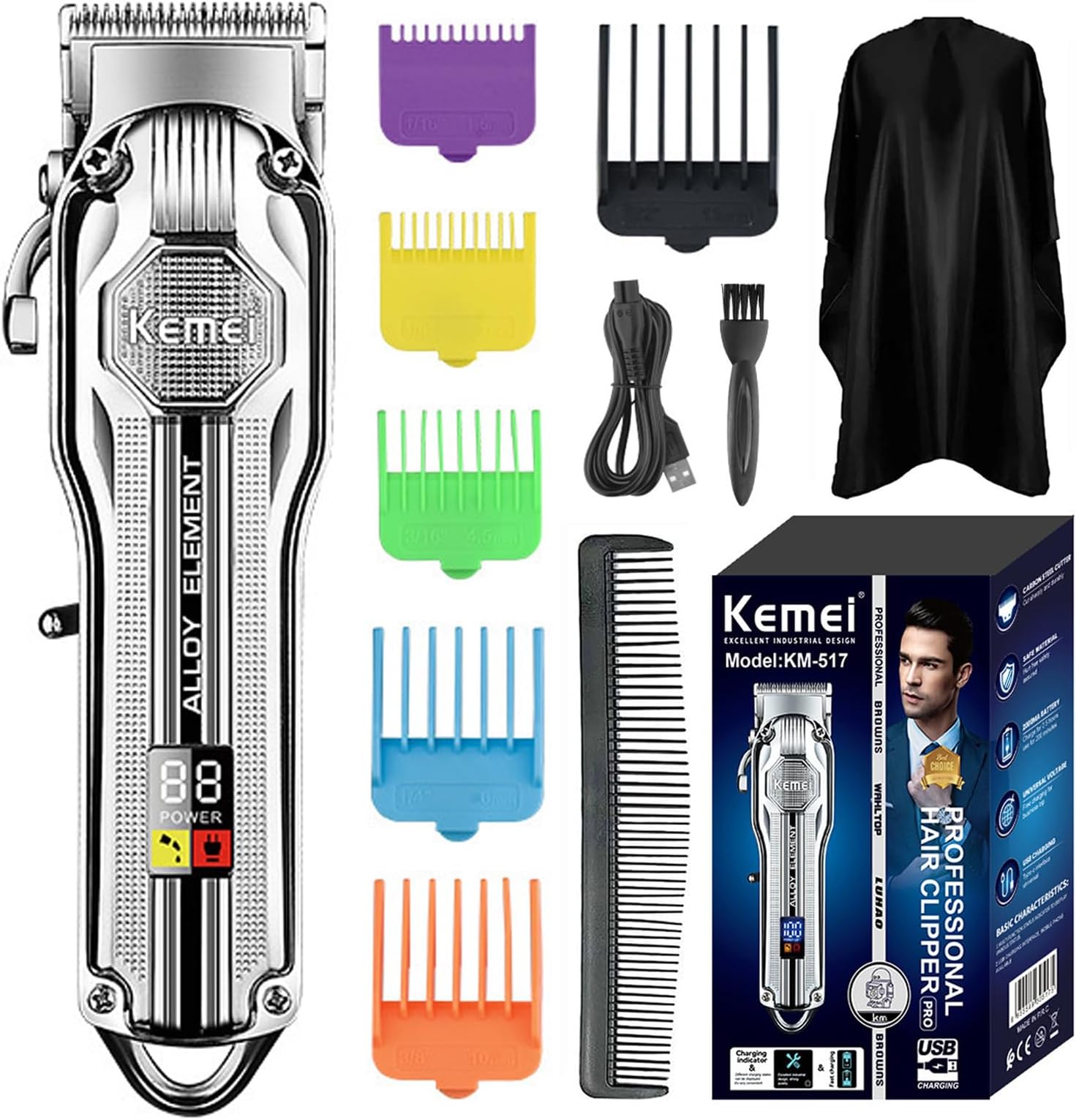 Professional Hair Clippers for Men, Cordless Hair Trimmers Grooming Kit USB Rechargeable Outliner Clippers, Beard Trimmer Haircut Set for Home Use & Barbers Use, KM-517,Silver