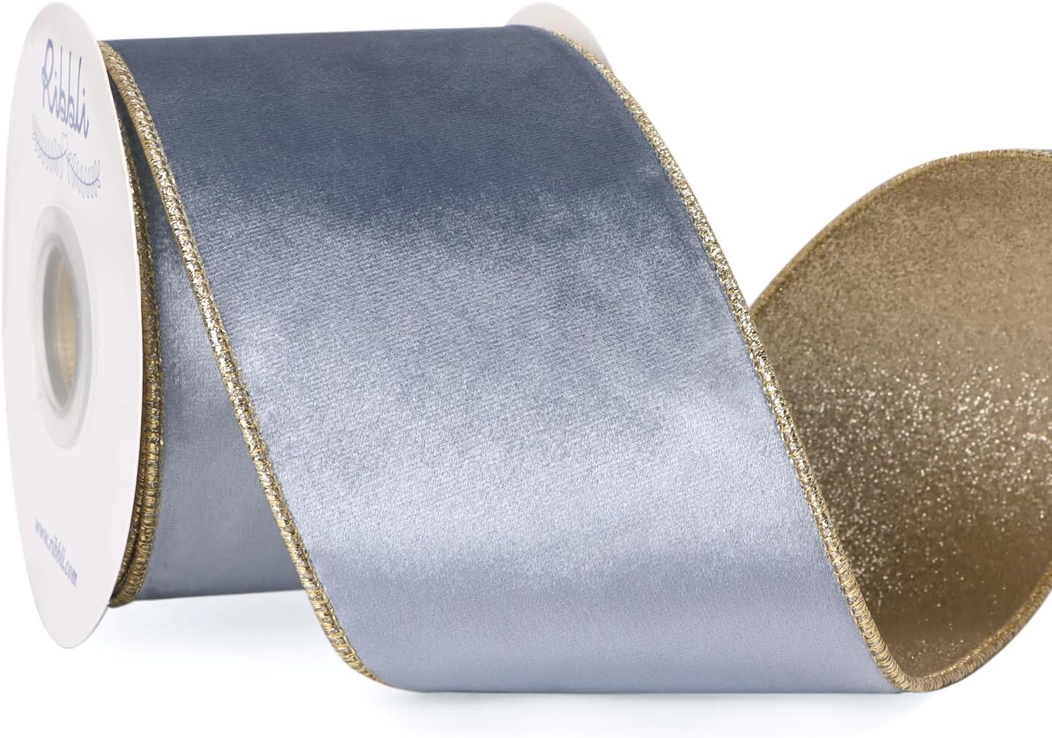 Ribbli Dusty Blue Velvet Ribbon Wired 4 Inch Glossy Velvet with Champagne Glitter Christmas Ribbon for Tree Decoration Big Bow Gift Wrapping Crafts Wreaths Supplies - Continuous 10 Yards