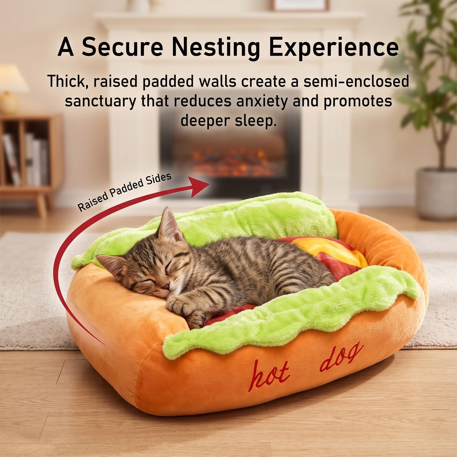 Hot Dog Haustierbett für kleine Hunde, Neuheit Plüsch weiche Matte mit rutschfester Unterseite, abnehmbar & waschbar, ideal für Dackel und andere kleine Haustiere