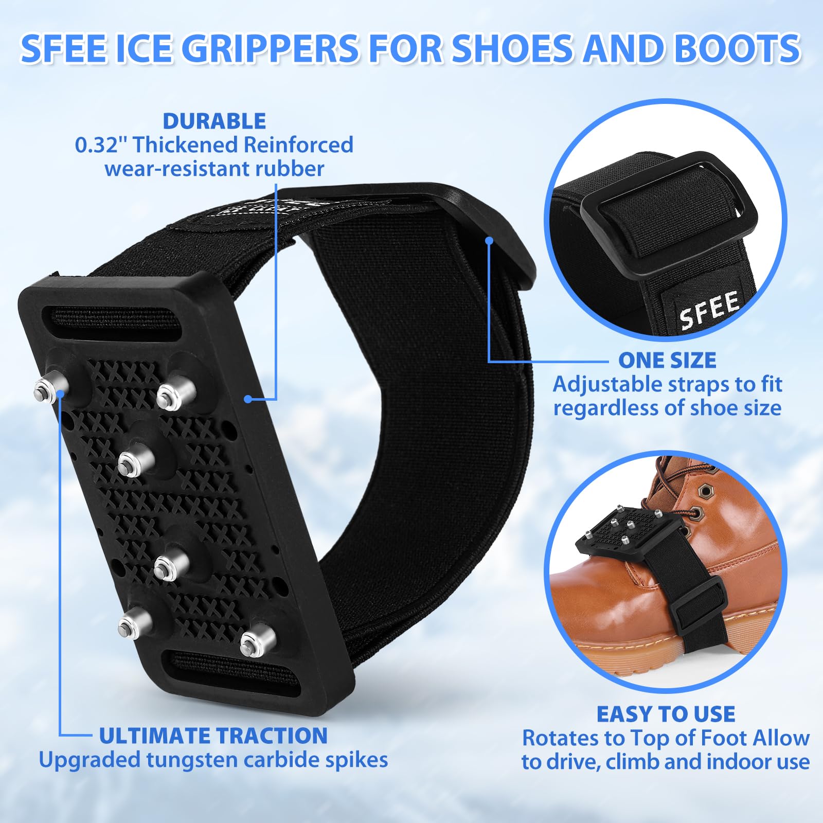Sfee Crampons à glace, faciles à tourner, crampons à glace pour chaussures et bottes avec clous en tungstène
