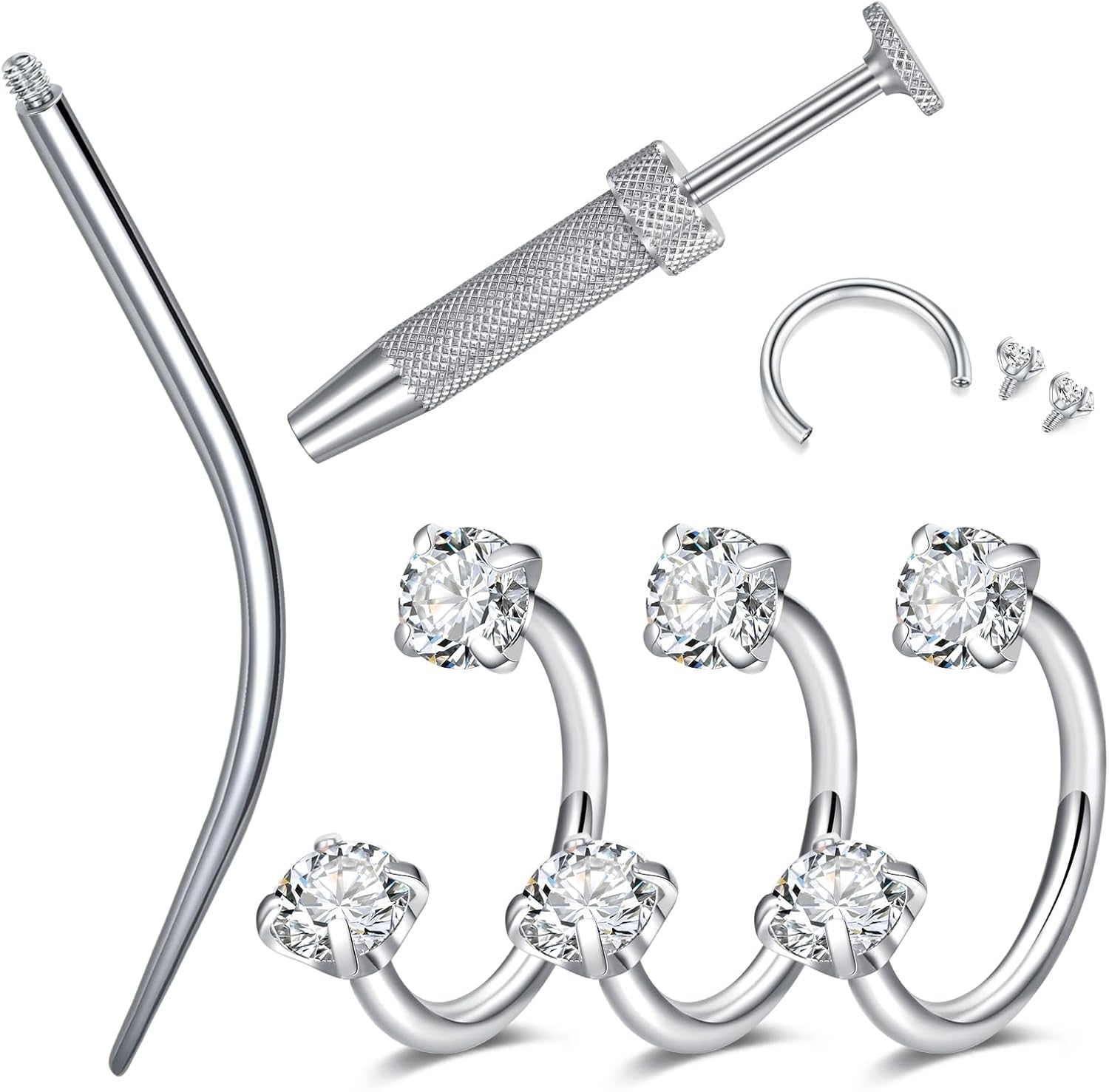 LAURITAMI 18G Horseshoe Nose Rings Surgical Steel Nose Ring White Cubic Zirconia Nose Piercing,Internally Threaded Nose Rings For Women Ball Grabberand and Taper