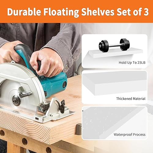 Miniatura 5 de Juego de 3 estantes flotantes blancos para pared, estantes blancos de 16 pulgadas para decoración del hogar, estante flotante montado en la pared