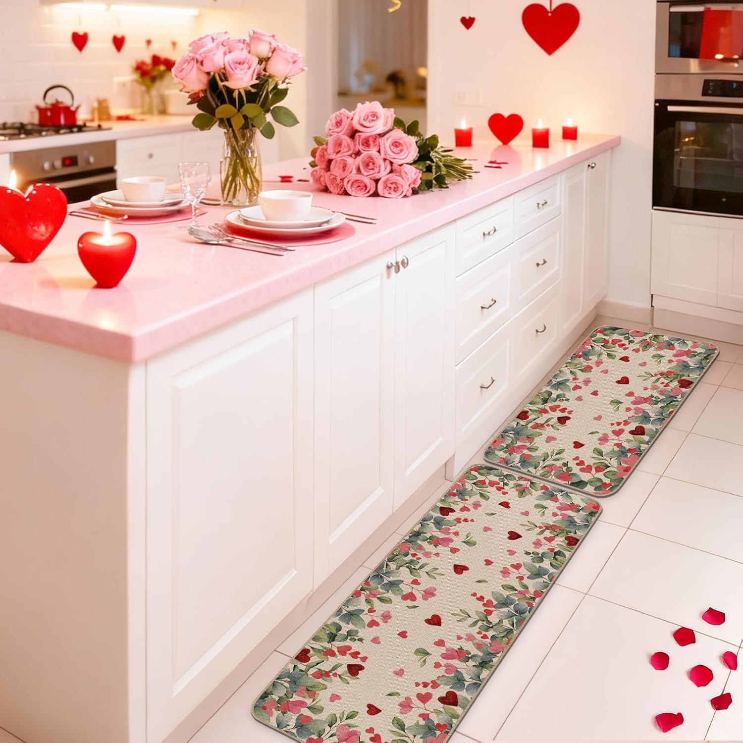 Moutina Eucalyptus Valentines Kitchen Rugs Set of 2, Valentines Day Home Decor Low-Profile Kitchen Mats for Floor - 17x29 and 17x47 Inch