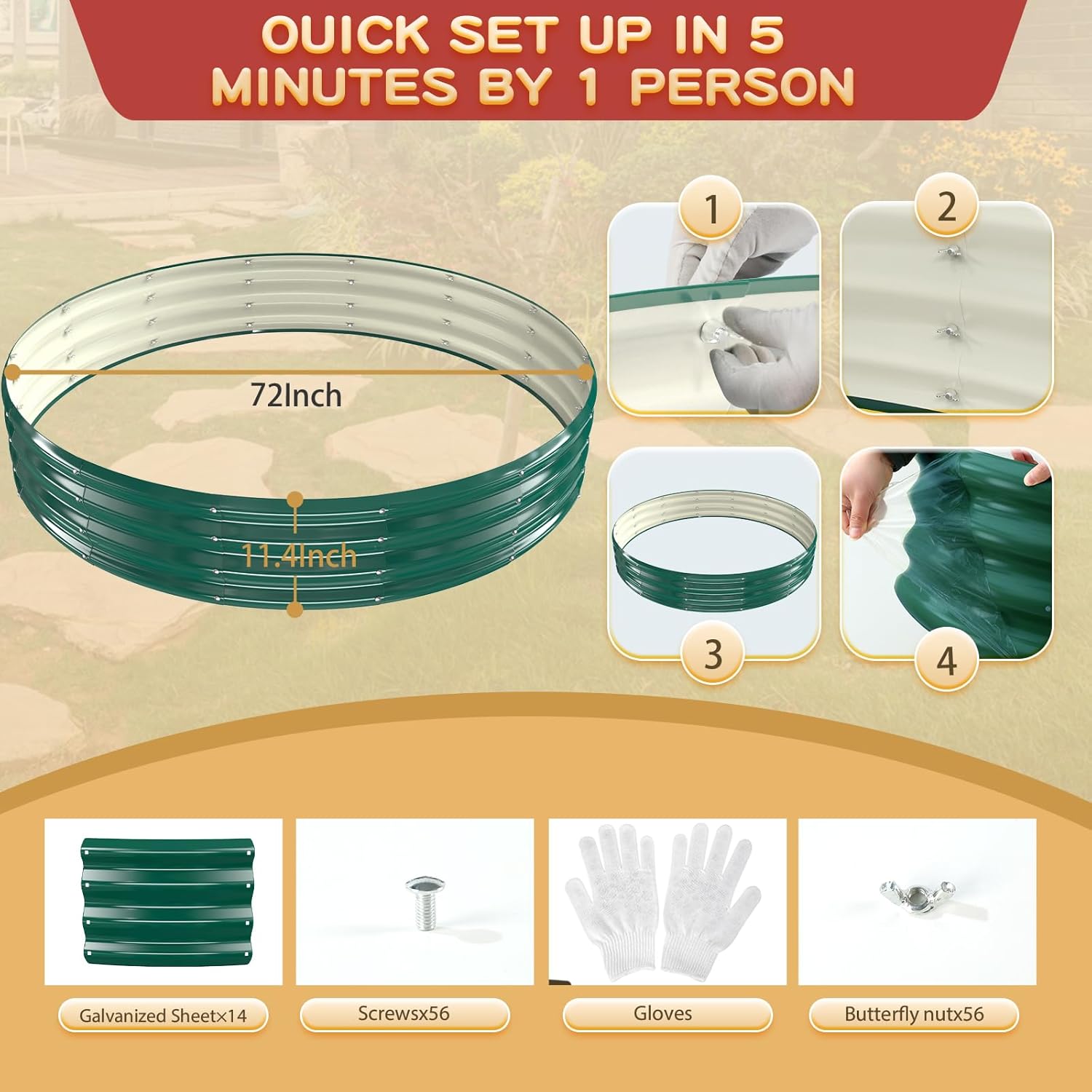 Durable Round Galvanized Steel Raised Garden Bed for Planting,Round Galvanized Steel Fire Ring/Fir Pit for Outdoor- 6×6×1FT,0.8MM Thick (Dark Green, 72 ins Diameter x 12 ins high)