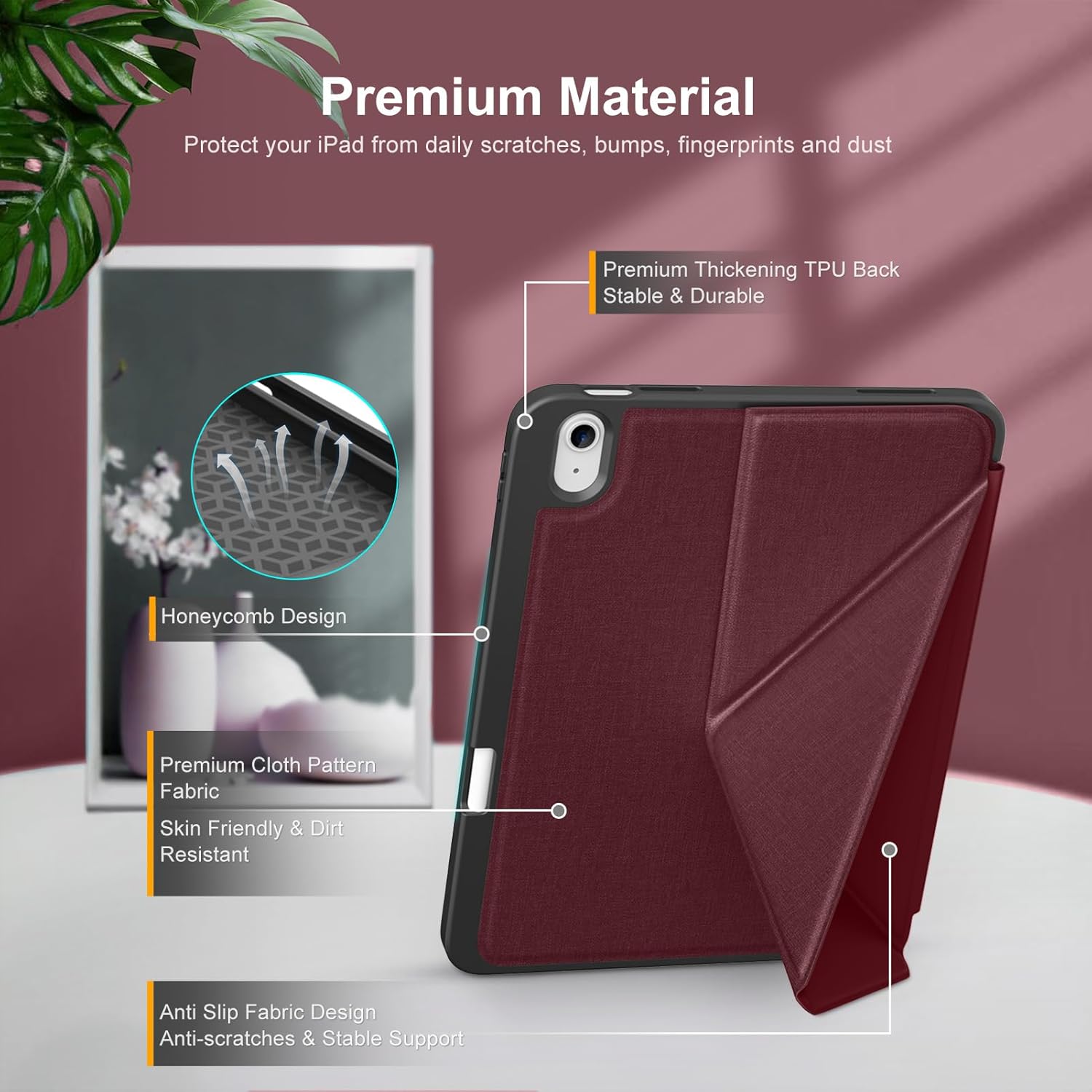 DTTO for iPad (A16) 11th Generation Case 11 Inch 2025, iPad 10th Generation Case 10.9 Inch 2022, Foldable Stand Cover with Landscape and Portrait Modes & Pencil Holder, Burgundy Red