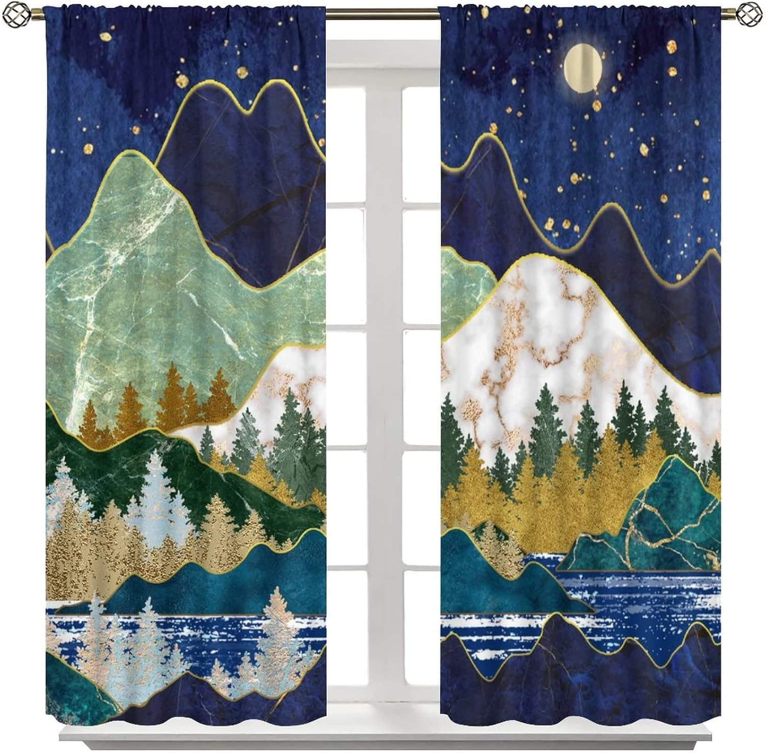 Mountain Forest Blackout Curtains,Fantasy Galaxy Nature Landscape Abstract Modern Mid Century Marble Des Window Drapes - Thermal Insulated and Noise Reduction,2 Panels 63L x 21W