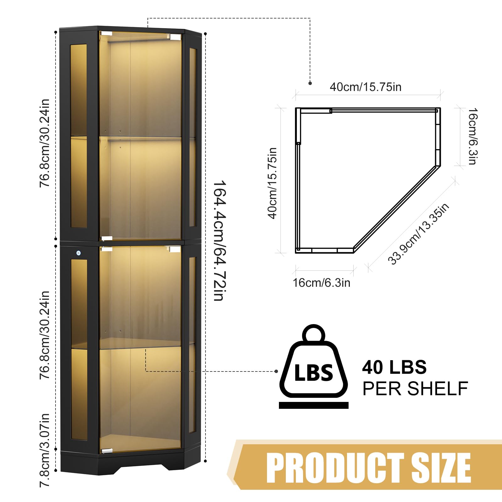 Vitrina esquinera de 4 Niveles con Puertas de Cristal para Dormitorio/Estudio, Vitrina de Cristal de 165cm con iluminación LED para coleccionistas y Sala de Estar, Negro