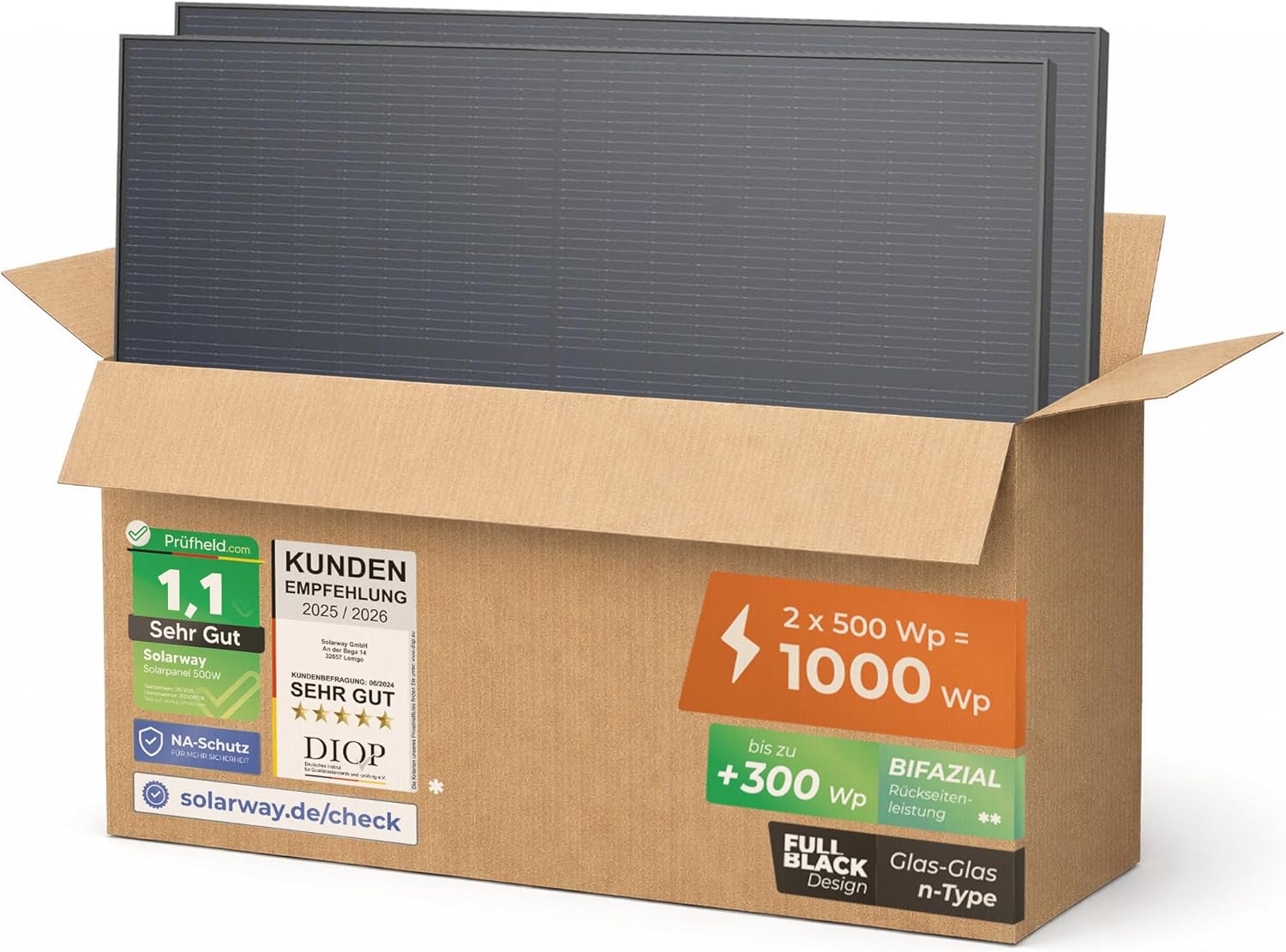 Solarway 500W Solarpanel Full Black Bifazial Glas/Glas PV Panel mit positiver Leistungstoleranz von 0-5 Watt, n-type, geeignet für Balkonkraftwerk