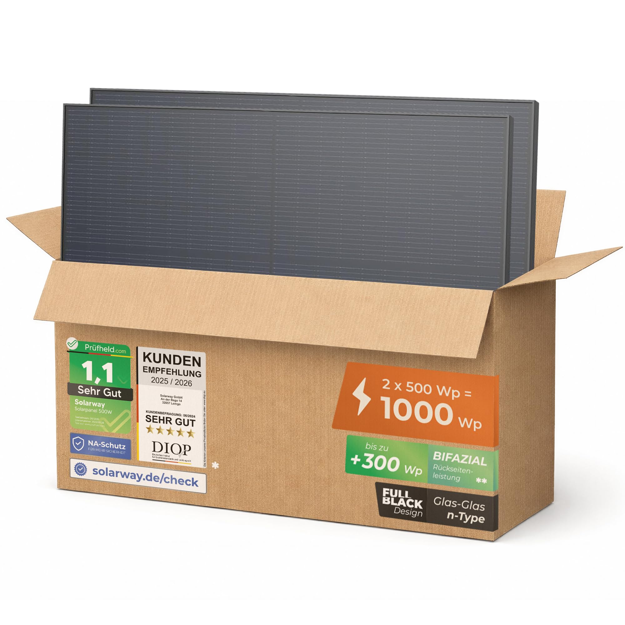 Solarway 500W Solarpanel Full Black Bifazial Glas/Glas PV Panel mit positiver Leistungstoleranz von 0-5 Watt, n-type, geeignet für Balkonkraftwerk