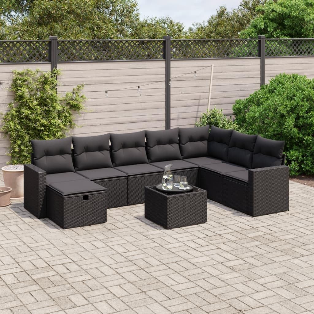 Juego de 9 sofás de jardín de ratán sintético negro con cojines, para terraza, balcón y jardín