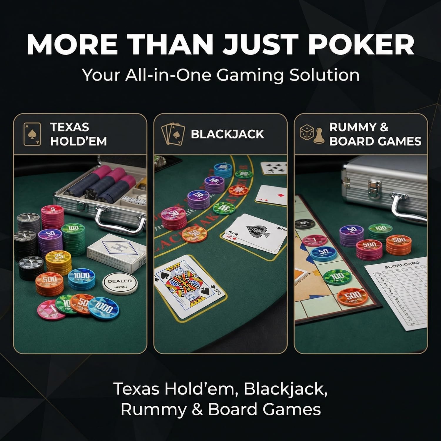 HEITOK Zestaw Pokerowy 600 Żetonów 11,5g Nominały Texas Holdem Walizka | 2-16 graczy, czytelne wartości 1/5/25/50/100/500/1000, styl diamentu Morandi, karty, kości, znacznik dealer, Blackjack