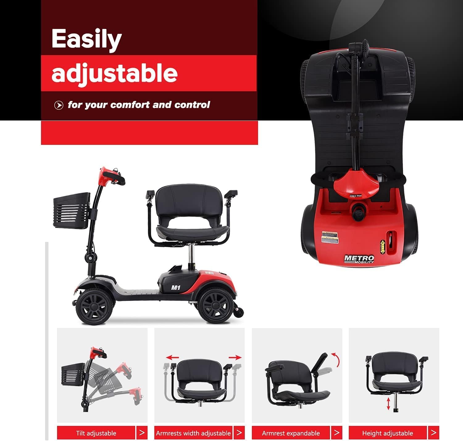 Powered Mobility Scooters for Seniors Folding Mobility Scooters for Adults Electric Wheelchairs with Basket for Gravida, Foldable in Boot Trunk for Traveling with Seniors (Red) : Health & Household