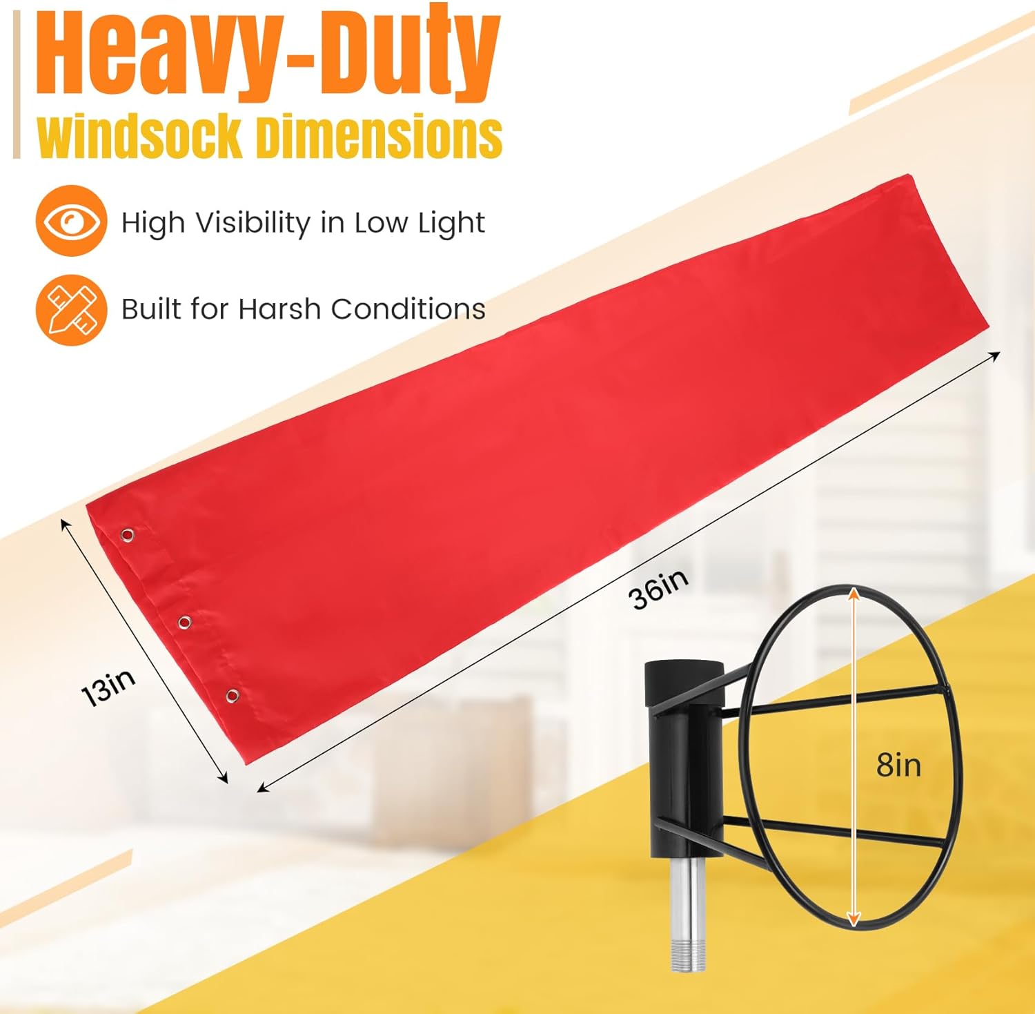 8" x 36" Airport Windsock, Heavy Duty Outdoor Windsocks Made of 450D Oxford Fabric with 360° Rotating Ball Bearing Frame, Wind Socks for Outside, Waterproof, UV Fade Resistant, No Pole Included