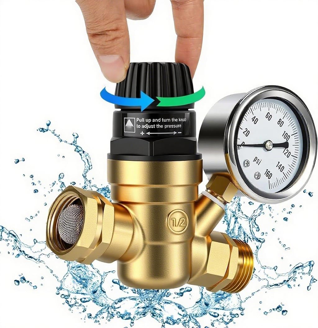 RV Water Pressure Regulator with Gauge, RV Essentials,0-160psi Pressure Regulator, Thicker Lead-free Brass Valve Body, Knob Adjustable Water Pressure Gauge Regulator for RV Camper, Garden Hose