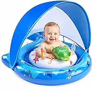 Inflatable Baby Pool Float with Sun Canopy, UPF50+Sun Protection, Portable & Easy to Store, Padded Safety Seat with, Includes Air Pump, with Toys Baby Swim Float for 6-36 Months Boys & Girls(Blue)