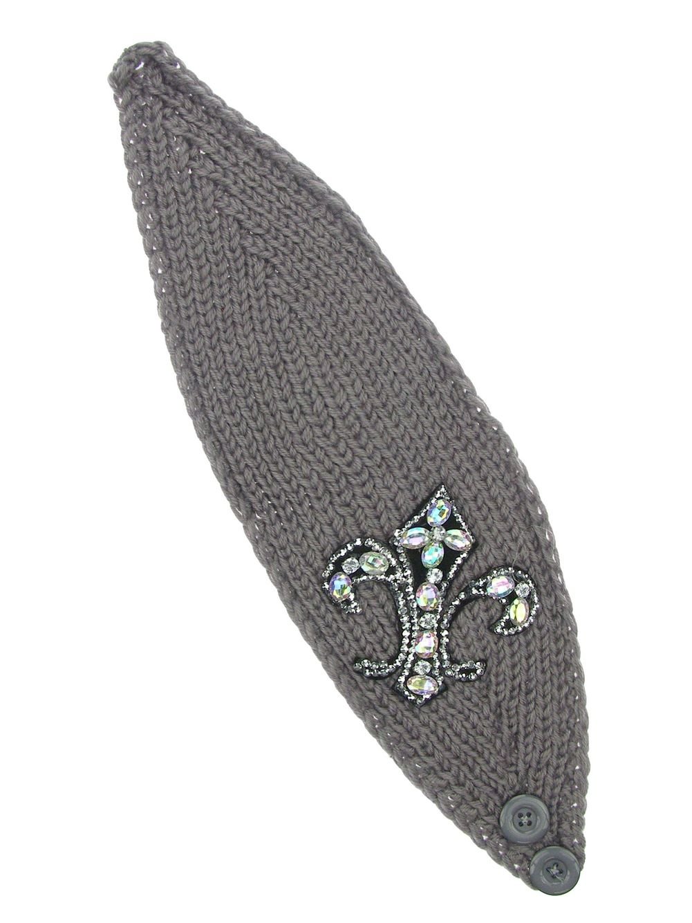 Women's Fleur De Lis Jewel Patch Knit Wide Head Wrap Head Warmer - Grey