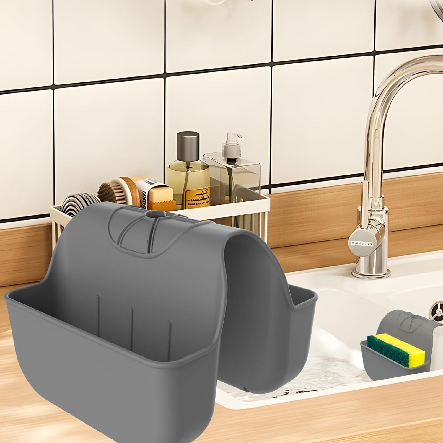 Sponge Holder for Kitchen Sink Silicone Sink Saddle Caddy Organizer Rack Sponges Holder Over Faucet Hanging Kitchen Organizer