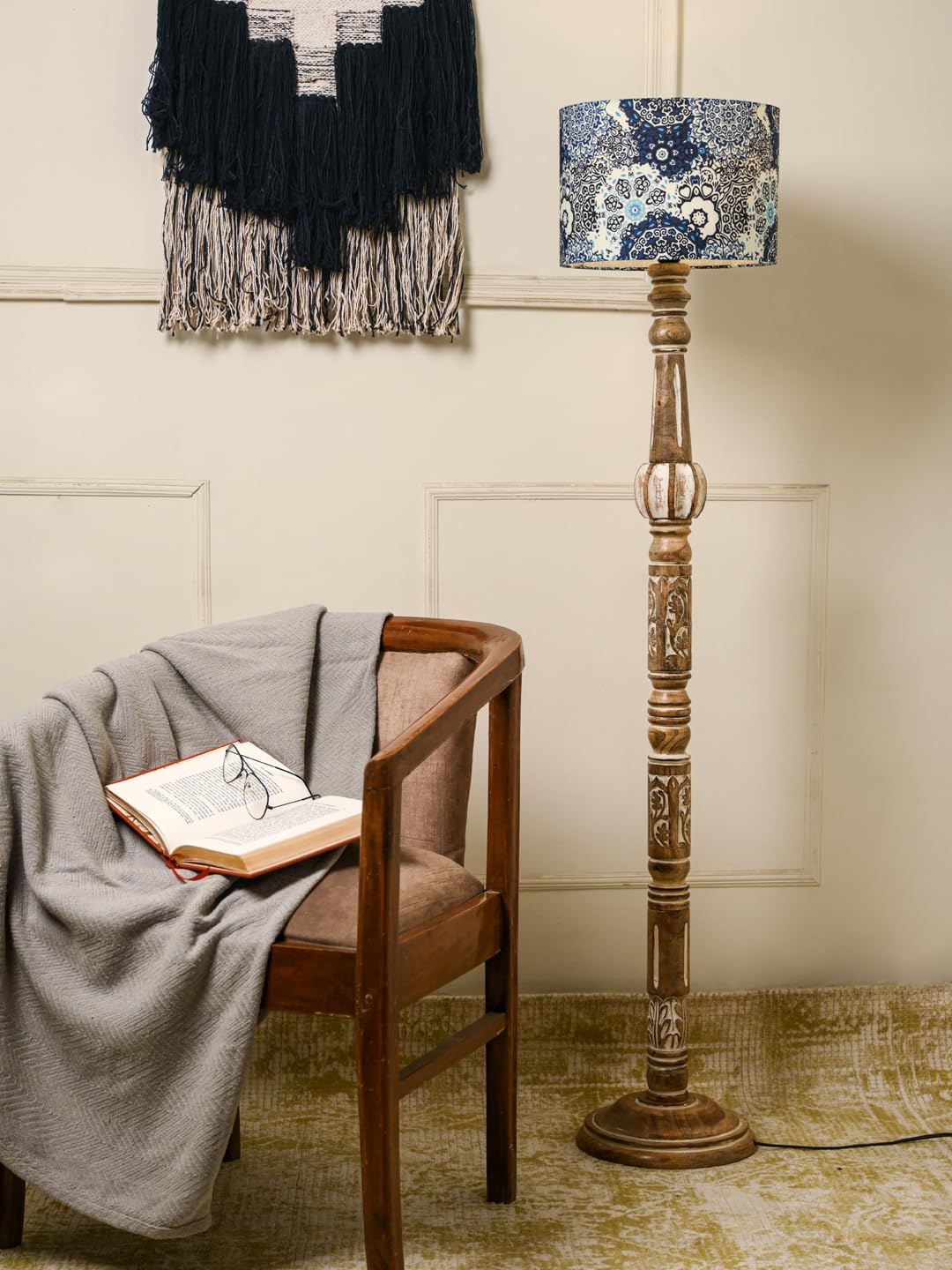 Green Girgit Wooden Carved Floor Lamp with Blue Batik Multicolor Lamp Shade, Vintage Carved Wood Floor Lamp with Blue Floral Shade, Traditional Standing Light for Living Room (LED Bulb Included)-image-2