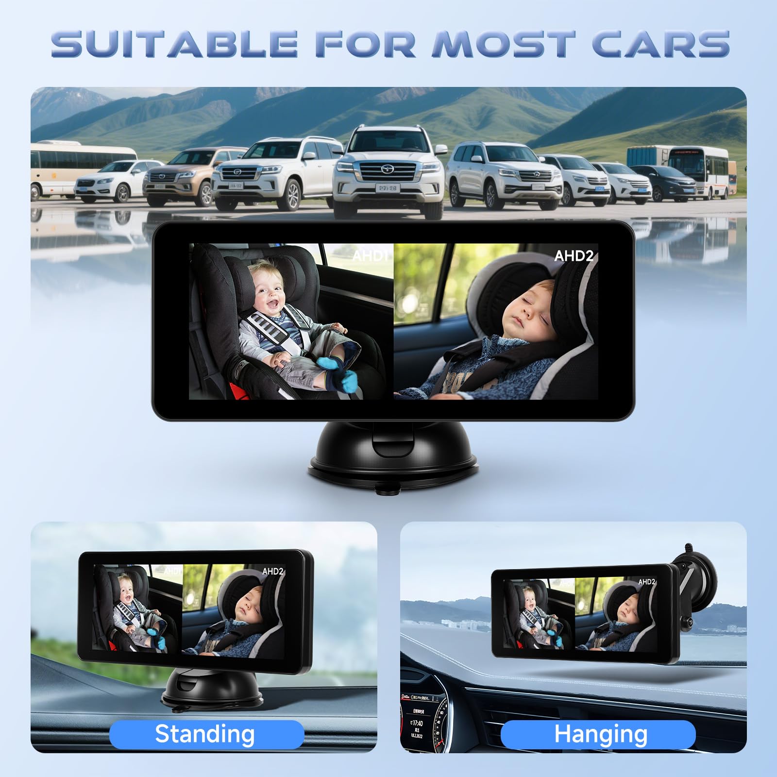 Hodozzy Cámara para Bebé para Coche con Canal Doble, Pantalla Dividida IPS HD de 6,86 Pulgadas, Visión Nocturna, Rotación de 360°, cámara Trasera Fácil de Instalar para Mayor Seguridad y Conveniencia