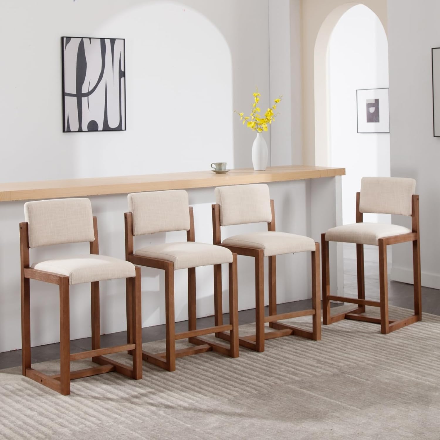 DUOMAY Modern Bar Stools Set of 4, 26" Counter Height Barstools, Linen Upholstered Kitchen Island Chair with Wood Legs for Home Bar Coffee Shop, Beige