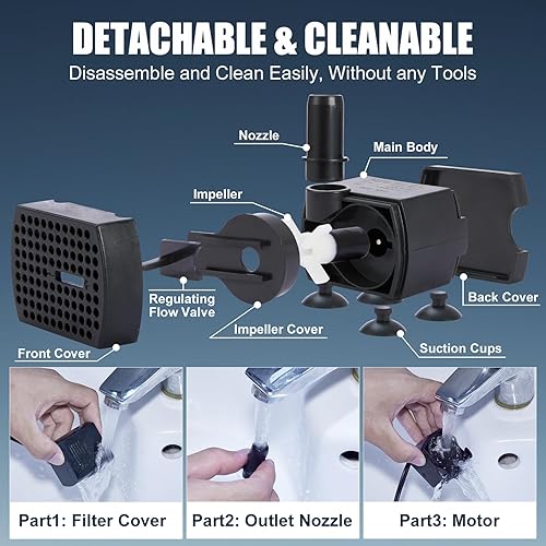 Miniatura 6 de Mini bomba sumergible de 90 GPH, bomba de fuente pequeña (5 W 350 LH), bomba de agua de acuario ultra silenciosa para pecera, fuente de mesa, fuente