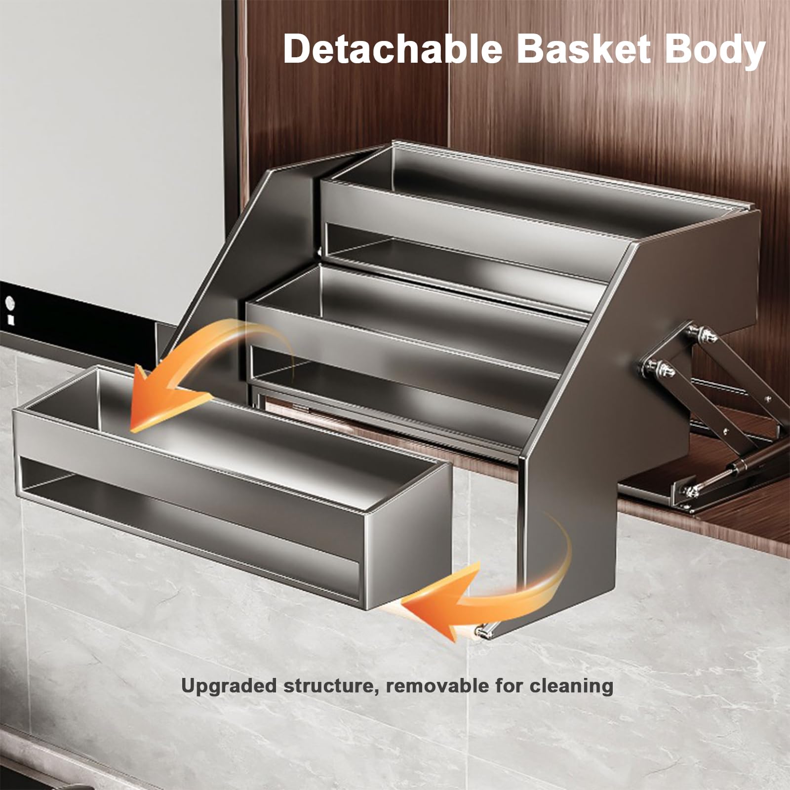 Heavy Duty 2 Tier Pull Down Regal, Grauer raumsparender Schrank-Organizer mit Dämpfung, abnehmbare Körbe für Speisekammer Lagerung, einfache Installation Faltbares Design