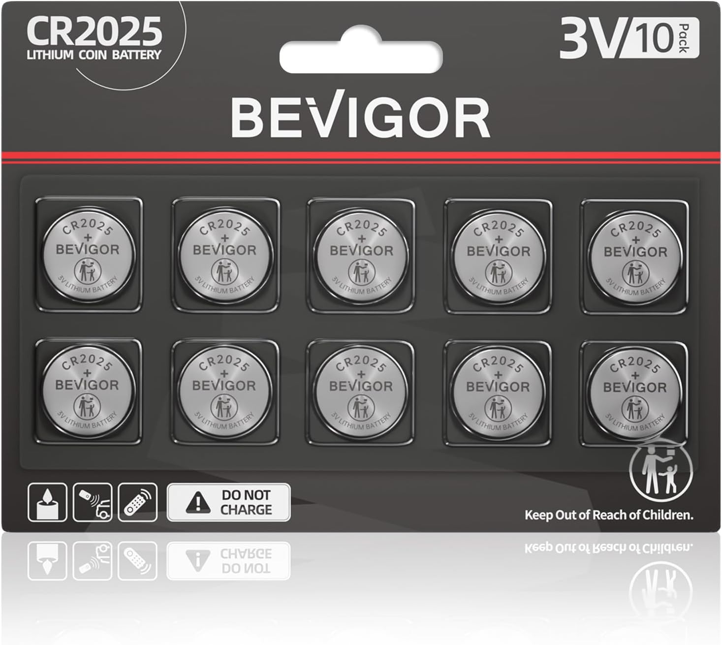 BEVIGOR 2025 Battery Compatible with AirTag CR2025 Lithium 3V Coin Battery for Child Safety, Suitable for Key Fobs, Smart Sensors, Scales, Candles and More 10pcs (CR2025-10P)