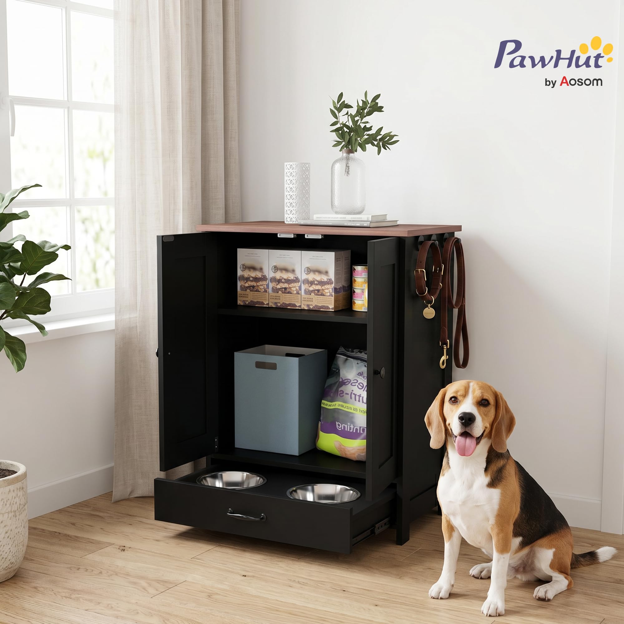 PawHut Station d'alimentation pour Animaux avec Rangement, Station d'alimentation pour Chiens avec gamelles surélevées, Panneau réglable, Crochets, Armoire de Rangement pour Aliments pour Animaux,