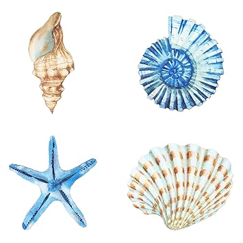 Yookeer 4 Pieces Beach Decor Seashell Wall Decor Plague Ocean Theme Marine Coastal Decorations Wood Seashell Wall Decor Rustic Cottage Beach Bathroom Decor for Bathroom Office Beach Party Decorations