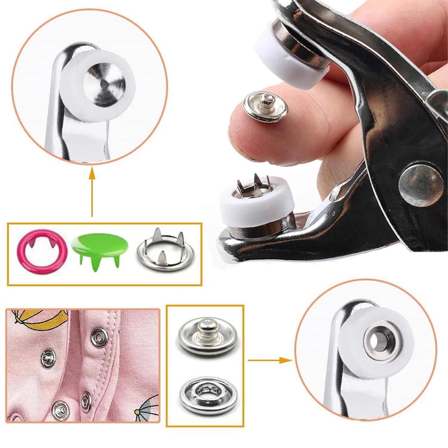 RIDHMIN Snap Buttons Kit - Metal Fasteners with Hand Pliers Tool & Machine Press - Thickened Five-Claw Buckle for Baby, Children's Clothing, Sewing, and Crafting Projects 200 Set