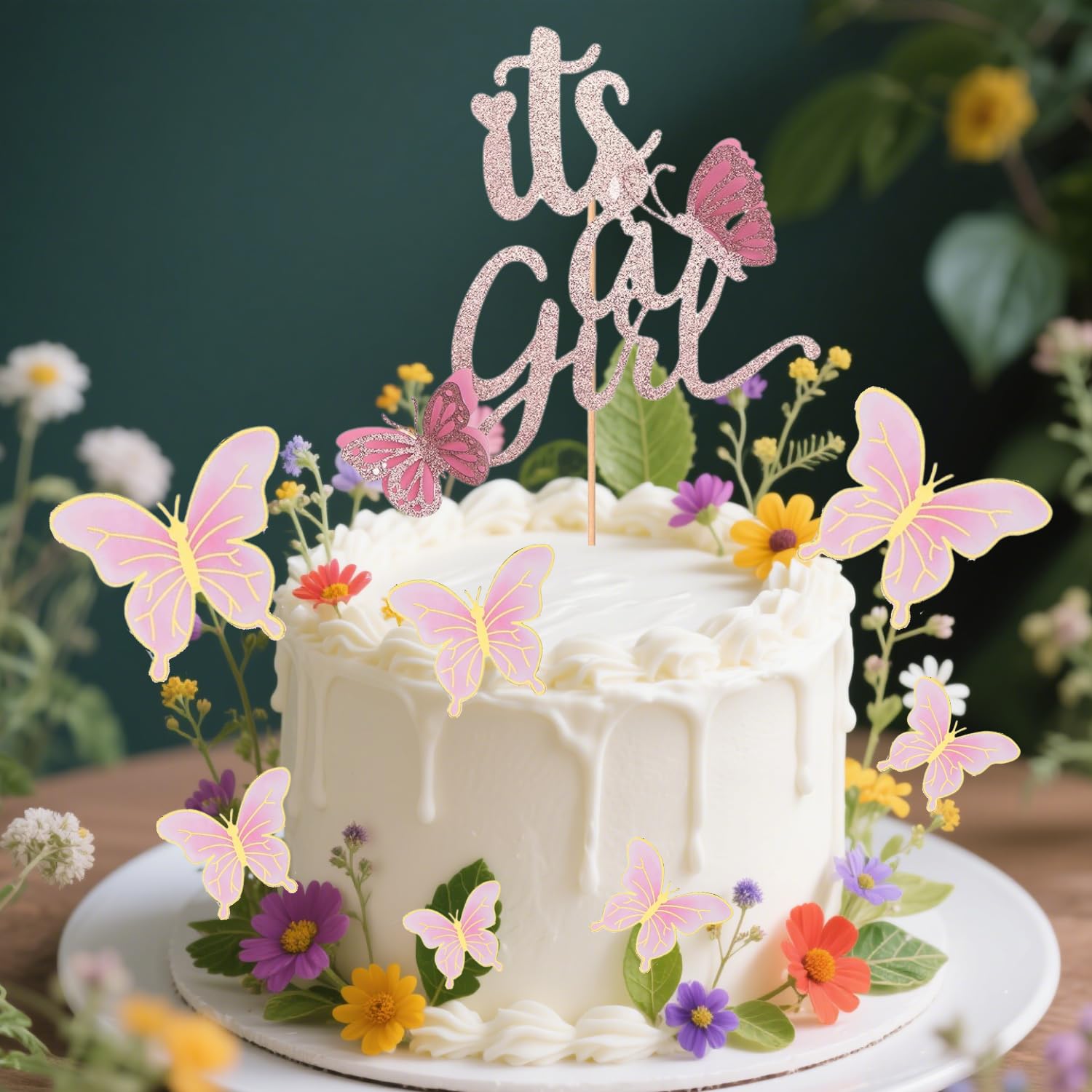 ALISSAR New Double Sided Rose Gold Butterfly Baby Shower Cake Topper Set, It's A Girl Cake Topper and 16 Pieces Pink Butterflies Cupcake Toppers for Baby Girl Baby Shower Party Decorations