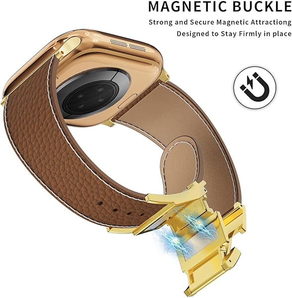 Leather Watch Band with Magnetic Buckle,Dressy Apple Watch Ultra Leather Band Rugged Durable Replacement Strap for Men & Women - 3