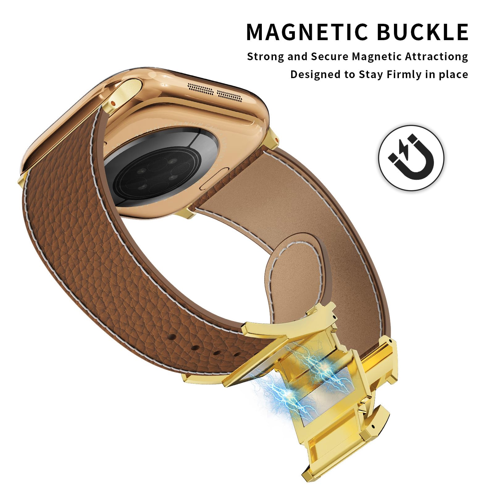 Leather Watch Band with Magnetic Buckle,Dressy Apple Watch Ultra Leather Band Rugged Durable Replacement Strap for Men & Women — view 3