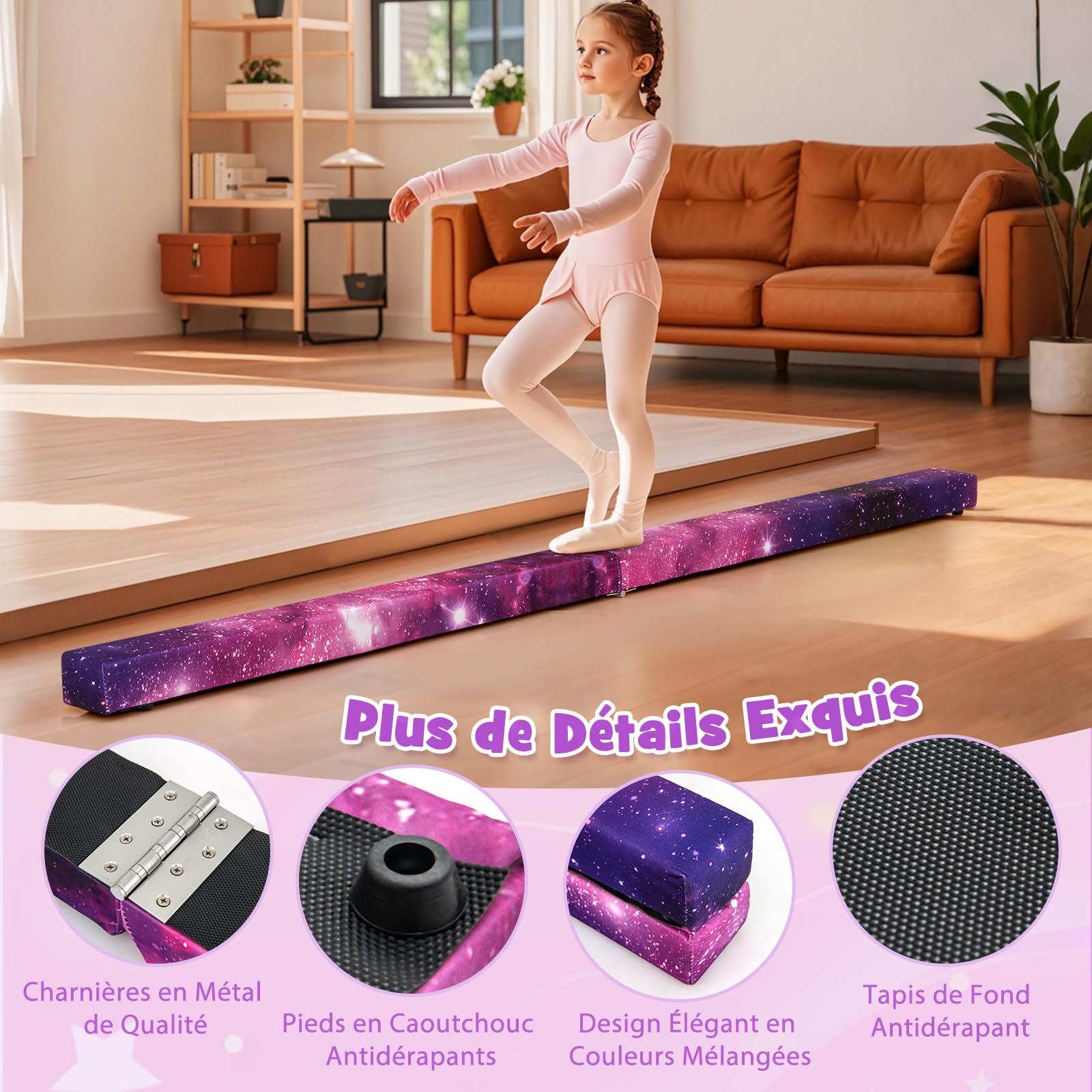 GYMAX Poutre Gymnastique Pliable 210/240/270 cm pour Enfants, Revêtement Antidérapant, Structure en Pin, Poignée de Transport, pour Entraînement à l'Équilibre, Danse, Fitness
