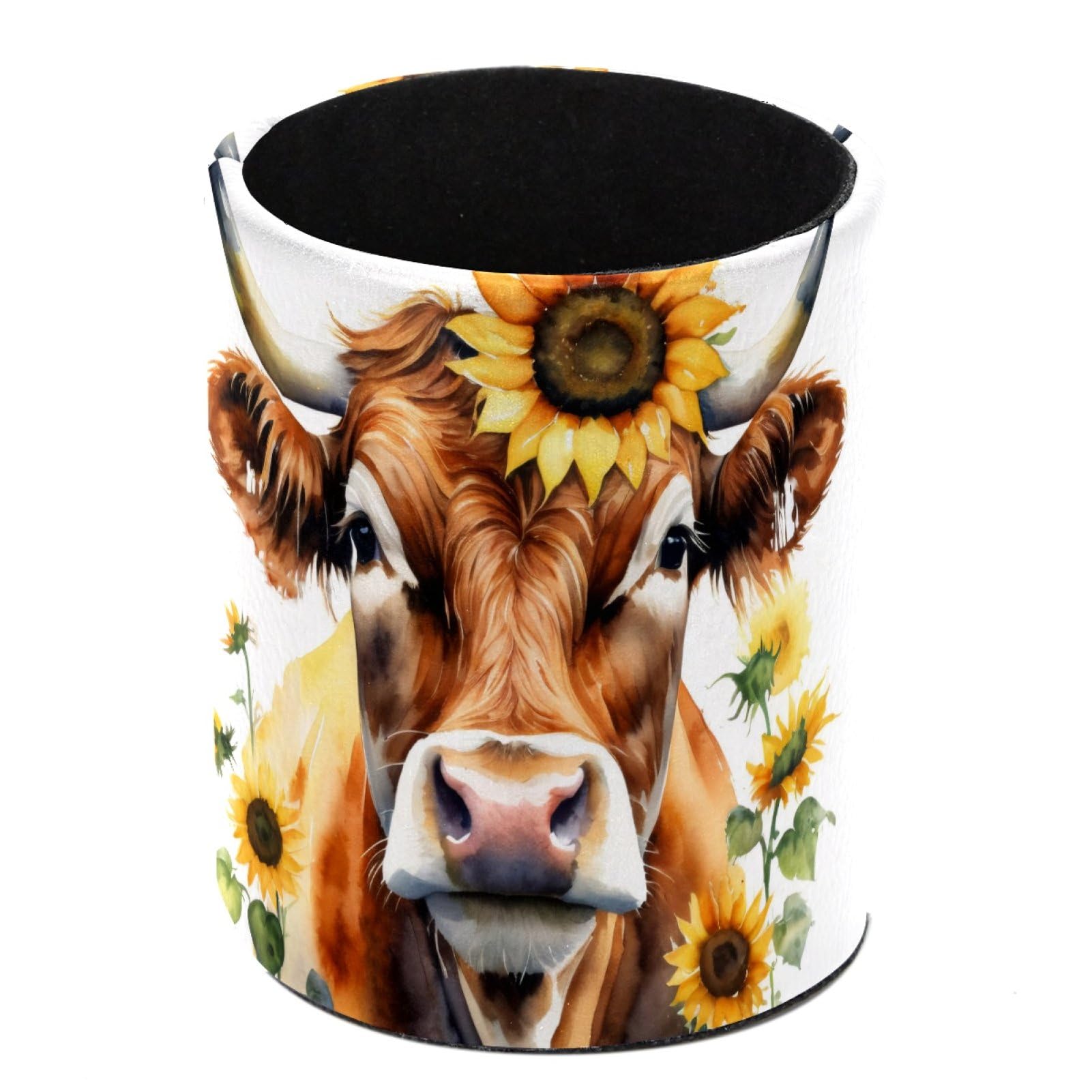 FWJZDSP Pencil Holder for Desk, Cow and Sunflowers Pen Cup Makeup Brush Holder, Leather Desktop Organizer Storage Case Stationery for School Home Office Supplies