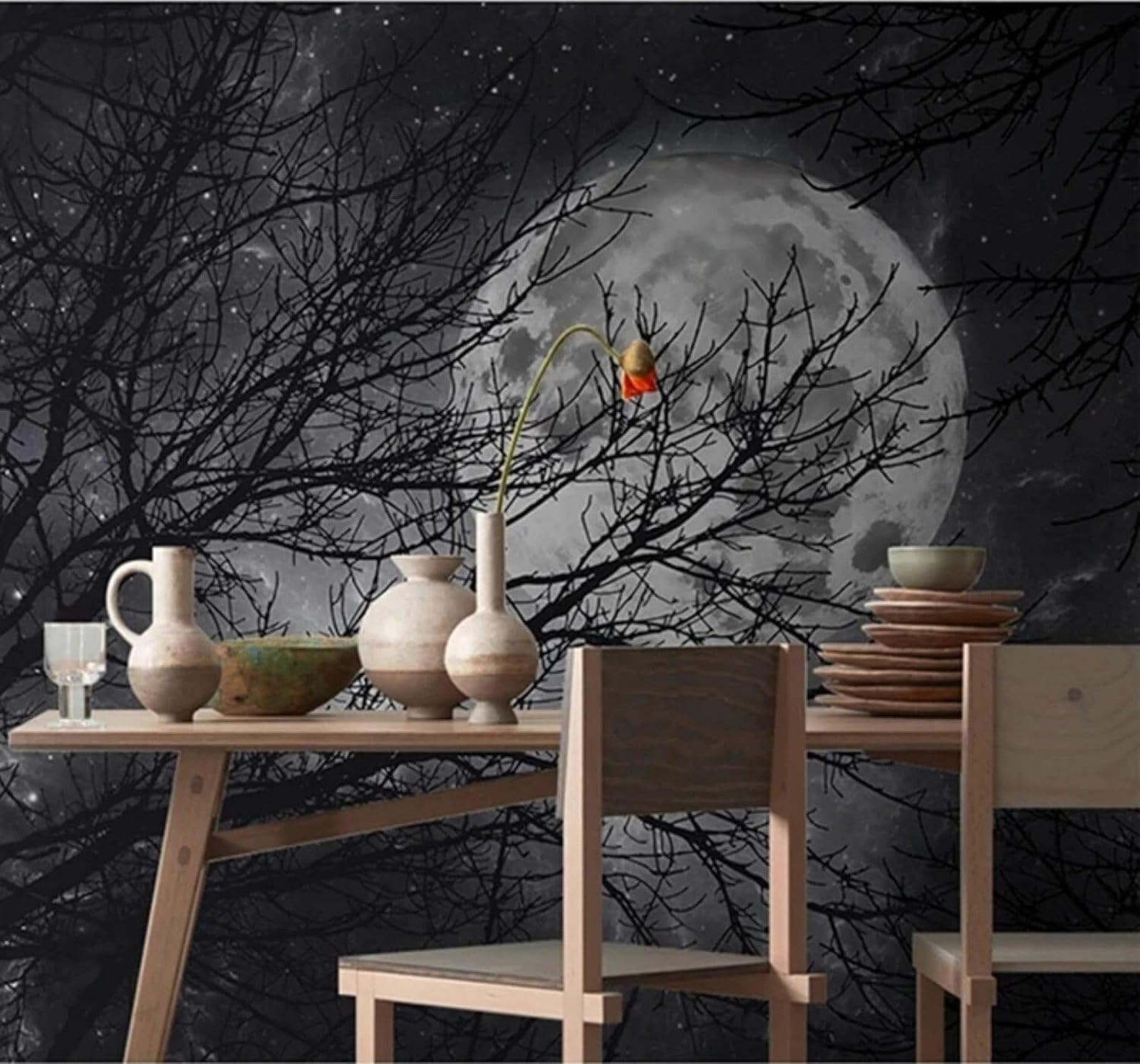XLMING Three Dimensional Black Branches Moon Night Scene 3D Wallpaper Premium Textured Silk Study Dining Living Room Bedroom Sofa TV Wall Easy Install-400cm×280cm