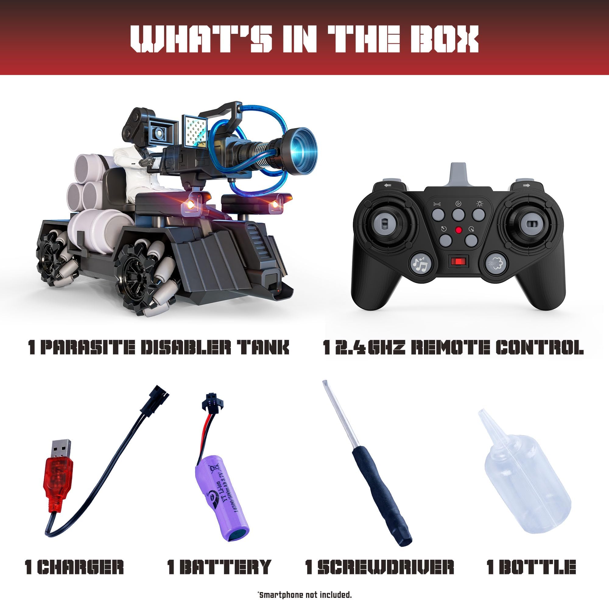 Force1 Officially Licensed Skibidi Toilet Toy Cameraman Figure PDLT Tank RC Truck- Parasite Disabler Tank Remote Control Car, Rechargeable RC Car with LED Lights, 2.4 GHz, Mist Spray, Beginner RC Cars