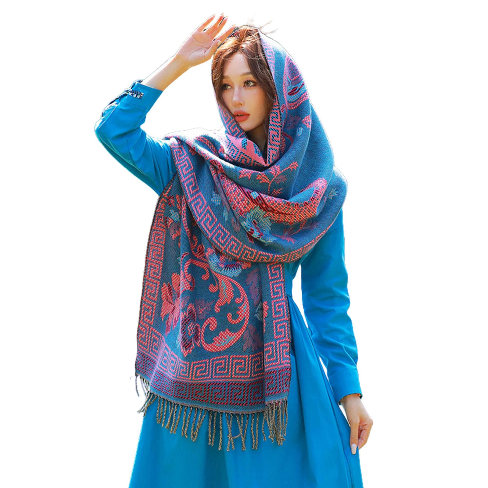 Sciarpa Donna Sciarpa da Donna Autunno E Inverno Mantello Esterno Caldo Spesso Viaggio Sciarpa Letteraria Nappa Sciarpa al Collo Regalo da Donna 65 * 200cm-blu