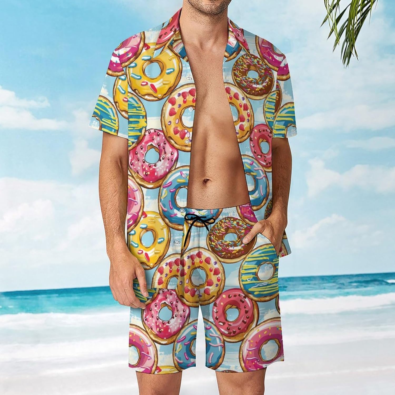 Colorful Doughnuts Men's Summer Beach Outfits Shirt And Shorts Set 2 Piece Vacation Swimwear