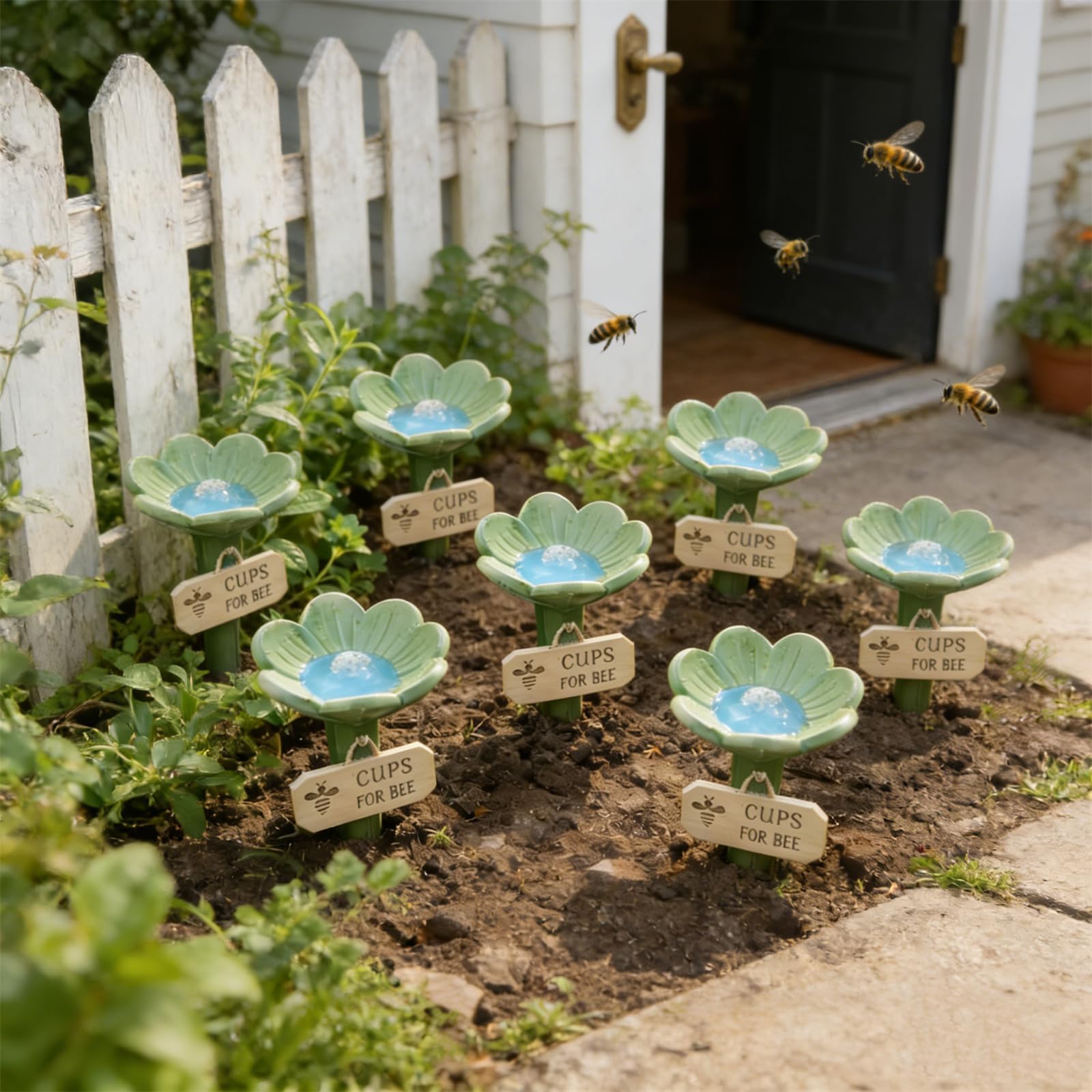 Station d'arrosage d'abeille en céramique en forme de fleur, station d'arrosage pour le jardin avec motif floral, pollinisateur extérieur