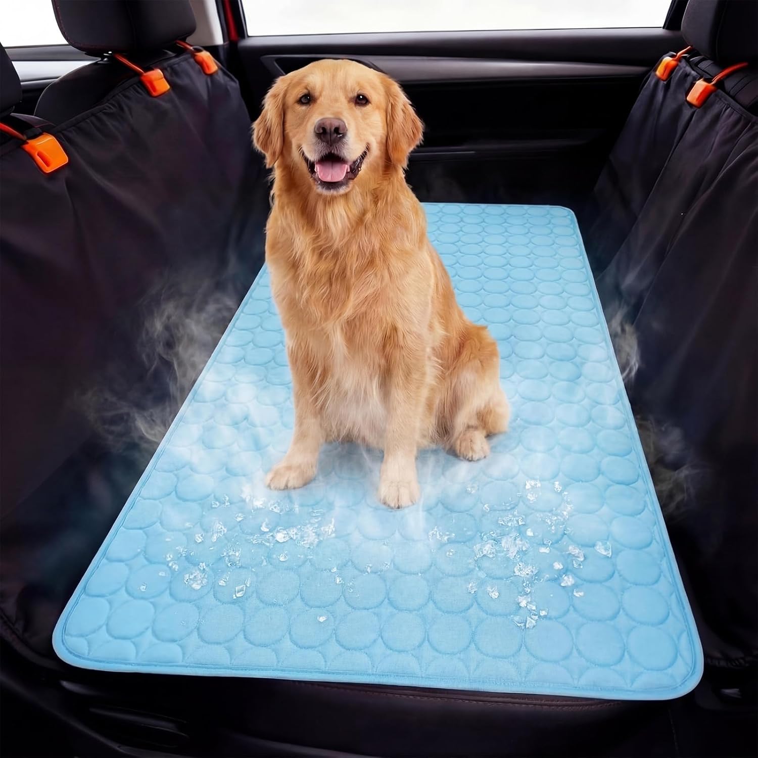 Hahafelt 54"x24.8" Dog Cooling Mat for Car Back Seat, Ice Silk Pet Bed Mat, Non Slip Summer Cooling Pad for Dogs and Cats, Fits Backseat Extenders Protector, Trucks, Suvs, Indoor & Outdoor (Sky Blue)