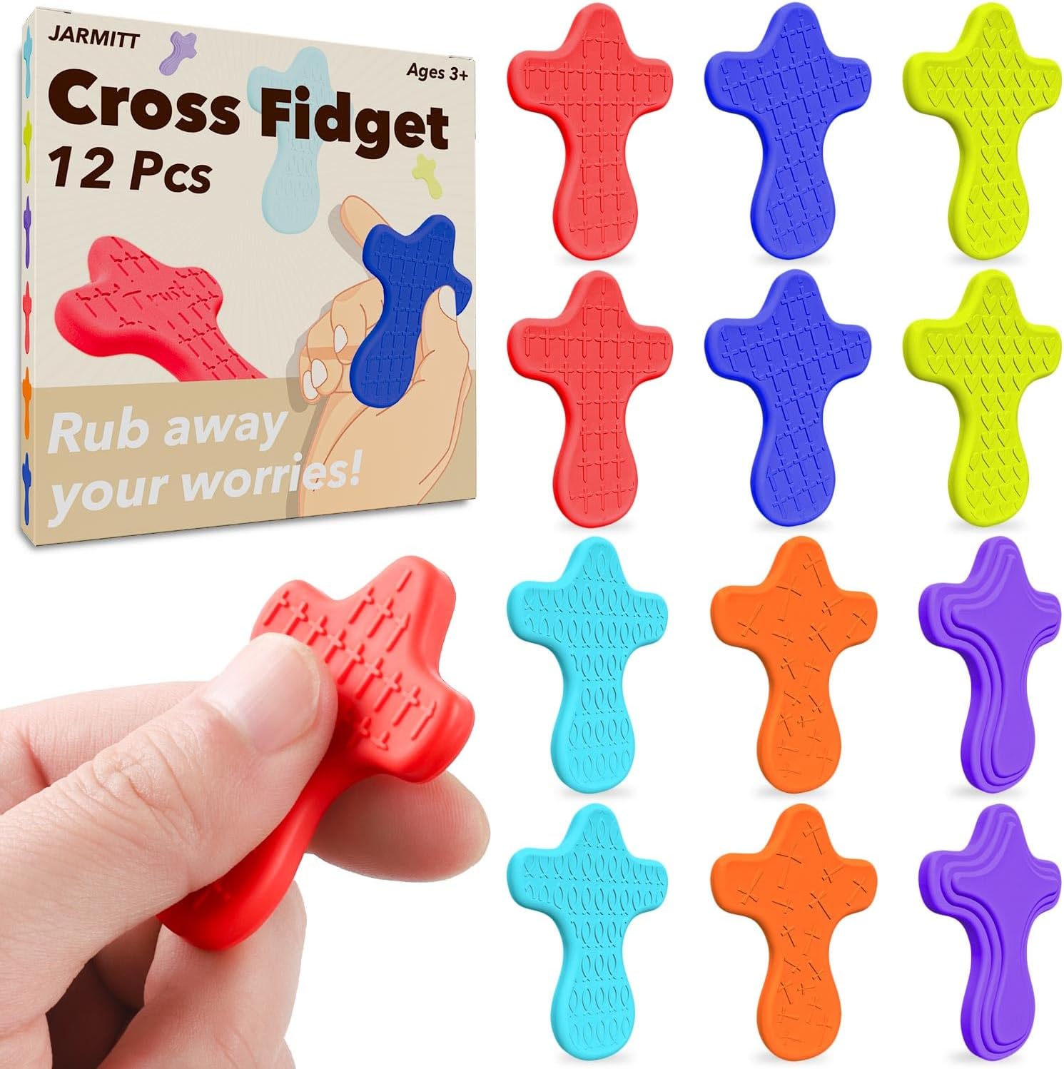 12 Pcs Cross Fidget Toy, Textured Worry Pocket Cross, Quiet Sensory Toy for Autism ADHD, Stress Relief, Christian Prayer Cross Fidget for Church Giveaways, Sunday School, Classroom Prizes.