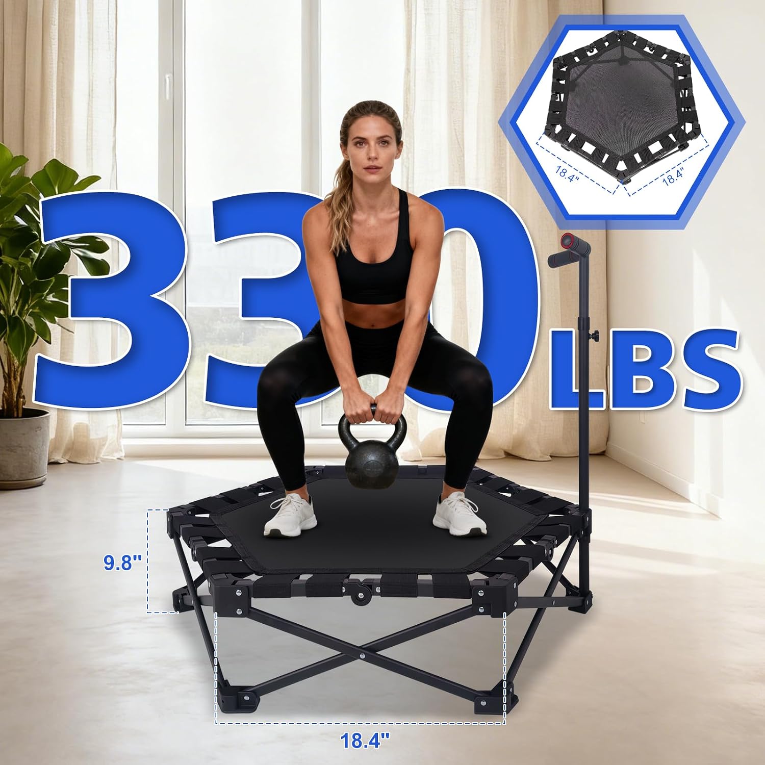 37" Foldable Mini Trampoline, Rebounder Trampoline for Adults with 3-Level Adjustable Handle T-Bar, 330lbs Max Load, One-Step Fold & Open, Indoor & Outdoor Workout, Black